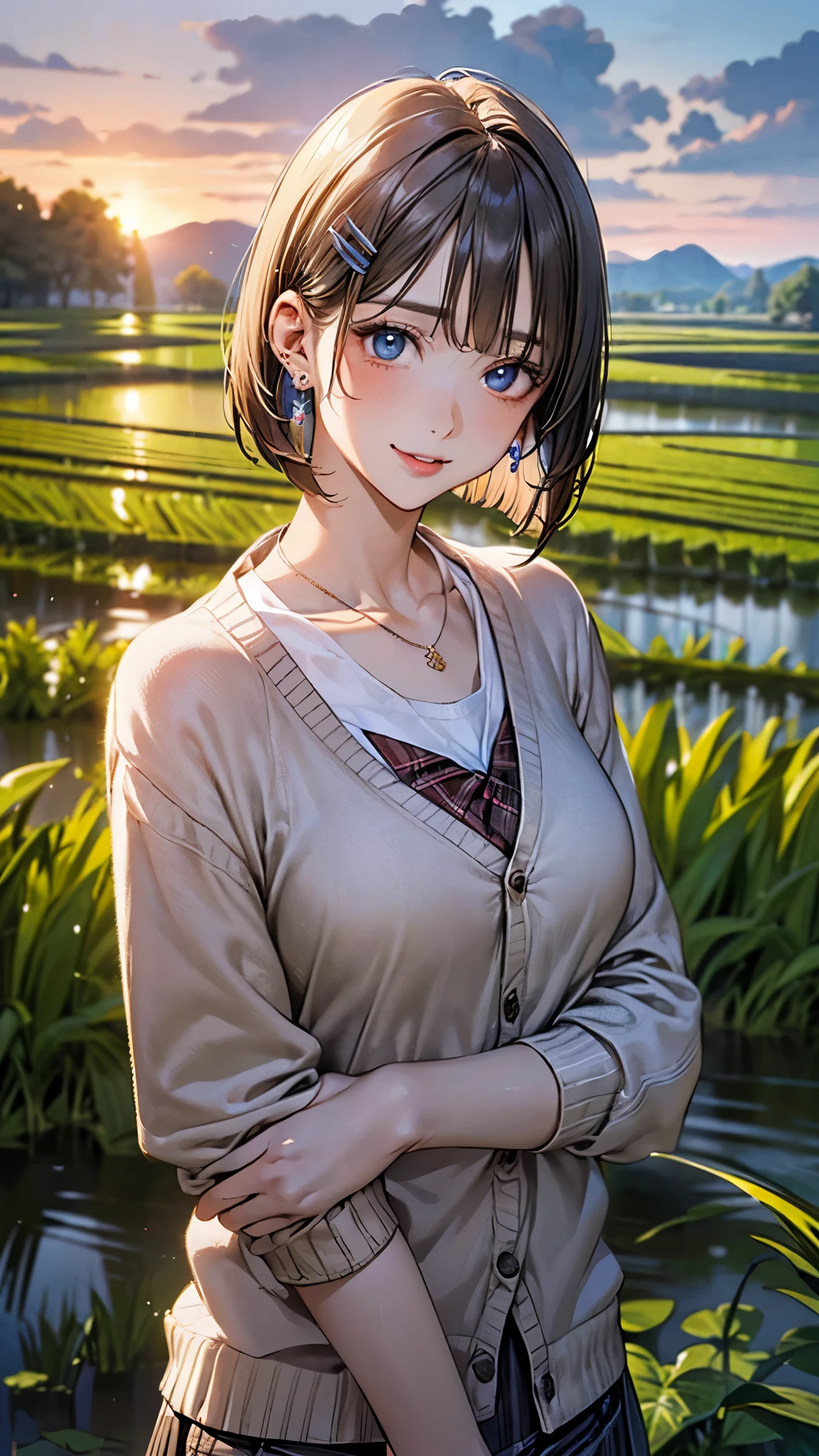 (masterpiece:1.2, top-quality), (realistic, photorealistic:1.4), beautiful illustration, (natural side lighting, movie lighting), ,
looking at viewer, (face focus, upper body), 1 girl, japanese, high school girl, perfect face, perfect hands, face, (perfect anatomy:1.4), cute and symmetrical face,
(short hair:1.2, bob cut:1.2, blonde hair), asymmetrical bangs, blue eyes, long eye lasher, (large breasts, seductive thigh), slender, white skin, shiny skin,
beautiful hair, beautiful face, beautiful detailed eyes, beautiful clavicle, beautiful body, beautiful chest, beautiful thigh, beautiful legs, beautiful hands,
(detailed cloth texture, (hair clips, earrings,brown cardigan, white inner, black loafers, argyle check skirt), small necklace、),
(beautiful scenery), early evening, big sunset, orange view, (lots of rice fields), walking, (seductive smile, upper eyes, parted lips),