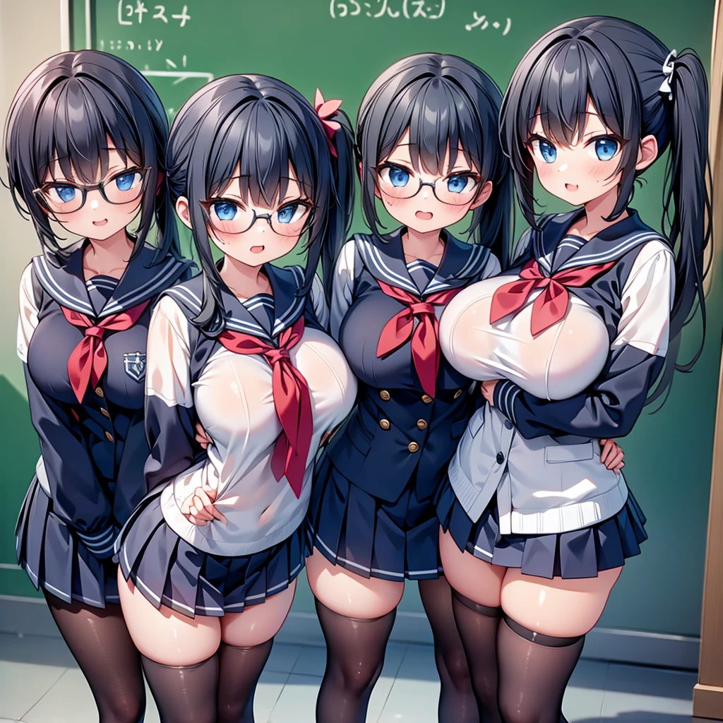 highest quality,wonderful,finely,extremely detailed CG Unity 8K wallpaper, (Stand in line:1.2), (3 girls, Black Hair, Blue Eyes, Glasses, cute eyes, side ponytail, sailor uniform, clothed), (huge breasts), (open mouth:1.1), (long tongue:1.1), (mouth drool:1.1), (black stockings:1.1),(Thighs:1.1),(Waistline:1.1)