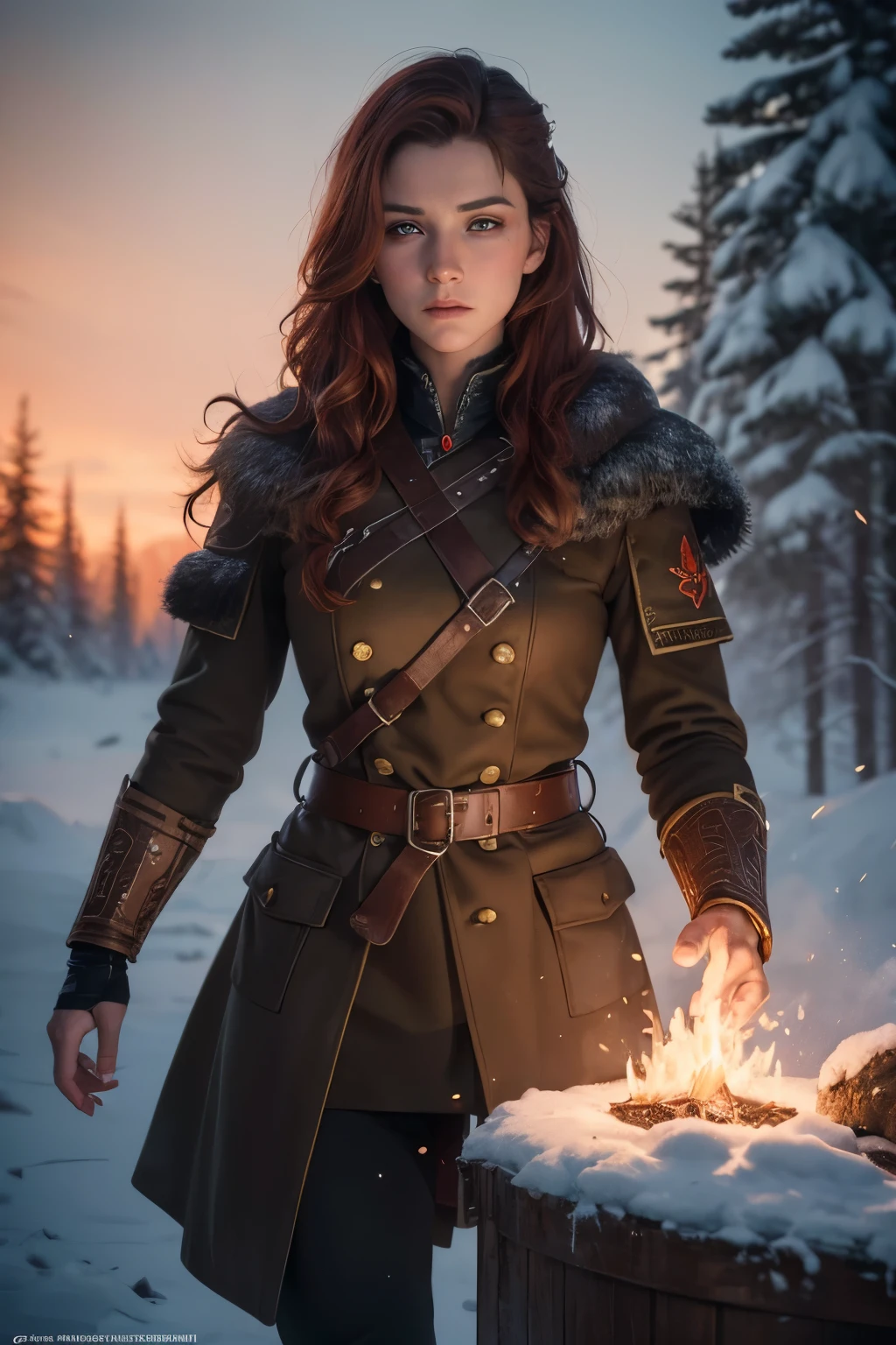 Beautiful Soviet soldier woman, skin tattooed with runes, she is a sorceress casting a spell, Polish face, reddish brown hair, battlefield, gunshots and explosions in the background, violent combat, armies facing each other, stands in a Polish forest, Snowy day , Red sky, 4K, ultra detailed image, realistic, Highly detailed, perfect composition, splendid, Intrinsically detailed, incredibly detailed, artistic photography 8k, hyper detailed, work of art, ultra detailed, hyper realistic, 4K, ultra detailed image, realistic , Highly detailed, perfect composition, splendid, Intrinsically detailed, incredibly detailed, 8K artistic photography, hyper detailed, work of art