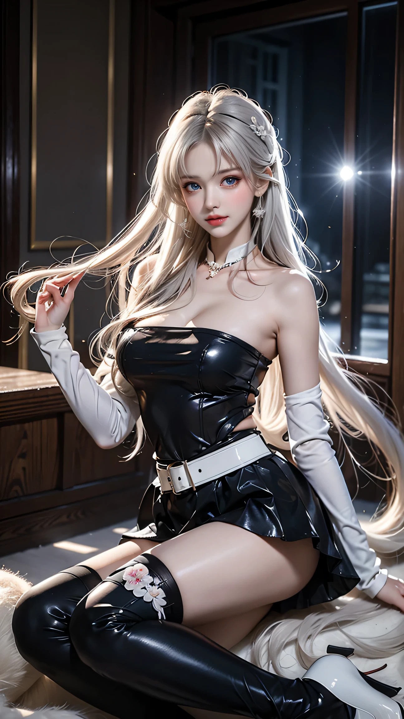 Top quality work，Actual work，Ultra Premium Graphics，8K HD CG works，High quality graphics，High-definition CG works，10x pixels，Extremely fine detail：1.1，Advanced Technical Details：1.1 Photorealistic，Indoor lighting effects：1.5，Natural light：1.5. Light effects（virtual Light effects：1.8），長いSilver Hair，Silver Hair，Transparent Hair，Hair with attention to detail（Premium Hair Detail：1.1）Clear Eyes，Beautiful double eyelids，Sharp eye makeup, Delicate eyelash makeup, Thin eyebrows, Highly detailed eyes，High nose, Nice red lips, Rose Cheeks, A face with subtle makeup , Cute face, perfectly balanced face,（Advanced Face Detail：1.1），Girl in maid outfit、 Cosplay, Knee socks, High heels, See-through,，The moonlight pours down like water，Foggy Room，Like a fairy in a painting，Slim sexy legs，A beautiful face is beautiful and delicate，Like a finely carved piece of jade、The waves in my eyes are like twinkling stars，Show the light of patience and wisdom。The bridge of the nose is straight，Cherry lip color, her face is clear，Her skin is as white as jade，Gives a healthy glow，Her makeup is light and subtle.，Not too decorative，A light-toned foundation enhances the clarity of your skin.，Eye makeup: eyeshadow and eyeliner，Make her eyes brighter and more cheerful、Add a touch of glamour and sophistication，Wear white to beat the snow，Clothes fluttering，It&#39;s about to be blown away by the wind，Drifting Away。Beautifully embroidered patterns on clothing，Without losing grace，Showing off incredible skills。Wear a wide belt around your waist，A transparent jade pendant hangs from it.，Swaying with her movements。Her hair is casually tied back，Fix with hosta，A few strands of hair are swaying gently in the wind，Add a little softness、Charmed everyone&#39;Note、Grace、mystery、full of power,(White panties are visible),