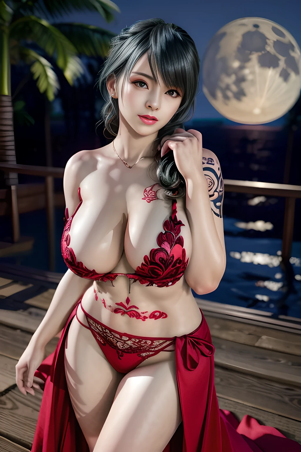 1 girl,lean over WINK, (dark red Wedding Dress,see-through), nighttime,moon,( huge breasts:1.1),cleavage,shiny skin,lip gloss,( tattoos:1.2), masterpiece, best quality, realistic ,Surrealism,Rich artistic colors,natural colors art in 8k,3D,Portrait art,solo, tamaki