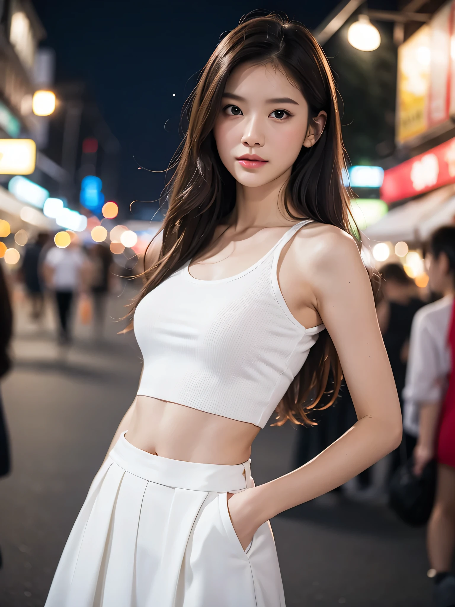 Realistic, 1 girl, long brown hair, slim body,slim face, white skirt, tank top, city street, night market, bokeh,