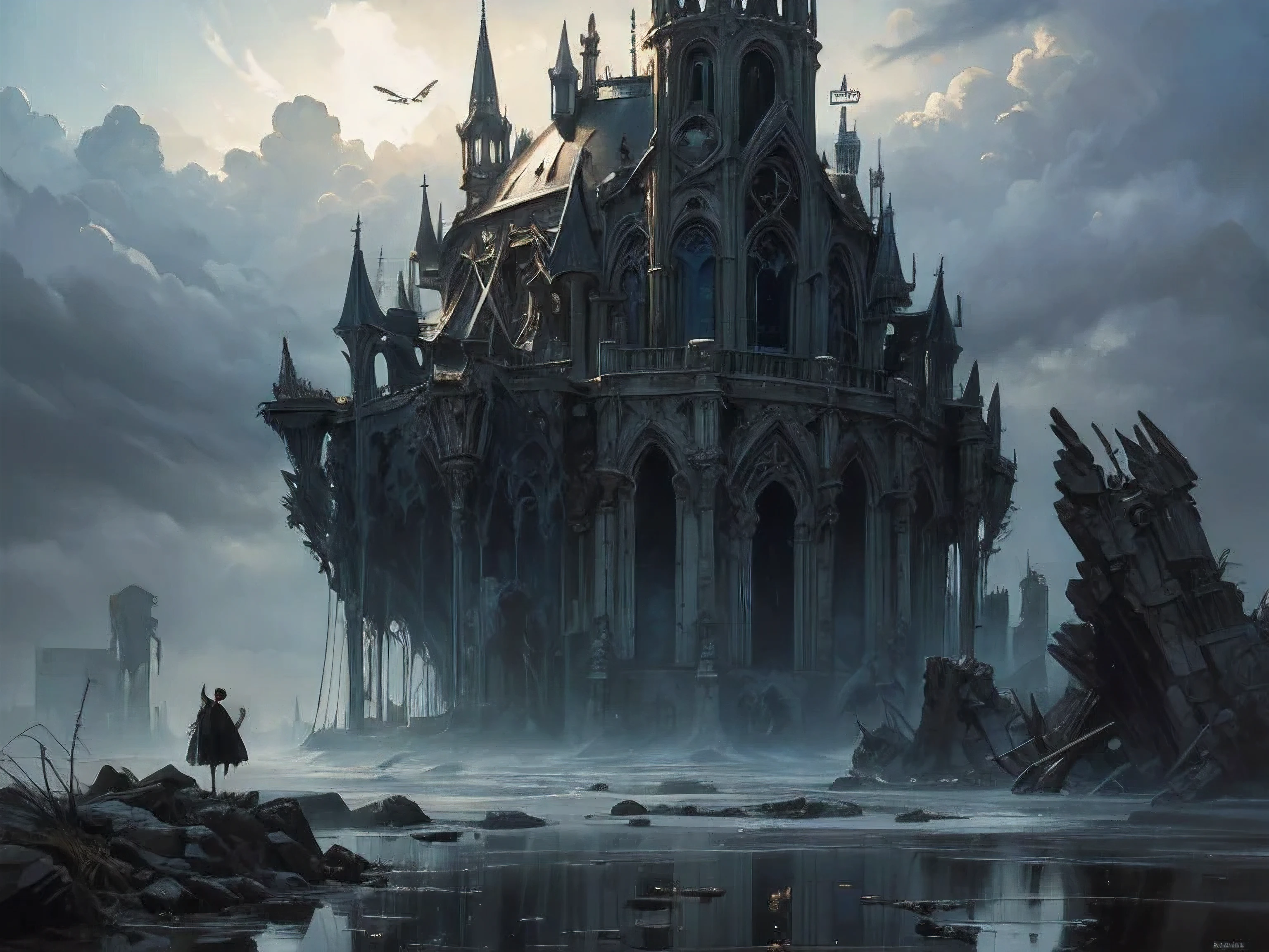 Panoramic photo of a huge ruined cathedral，Swallowed by thick fog in a desolate and unfamiliar landscape, sad,despair,fear, style (Yves Tanguy:1.25), heat wave, Art Nouveau, superb isolation, superb washing, strong prime time, Glass, cone, moth or butterfly,Crows or ravens,key, Rurid, Afterimages and optical illusions,Replenish, Super detailed, oil painting on canvas, dry brush, (Surrealism:1.1)