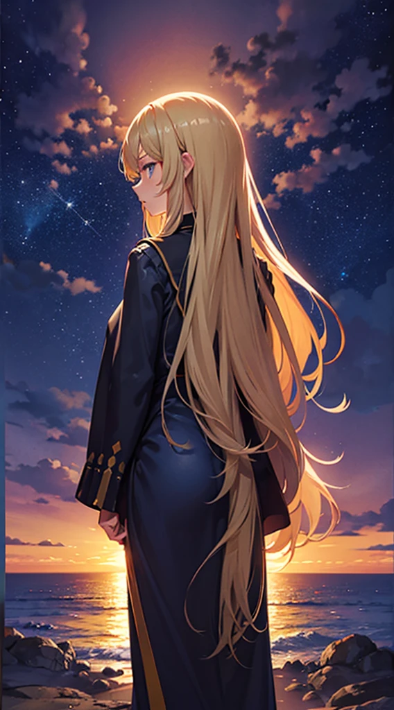 １people々々々々々々々々々々々々,Blonde long-haired woman， Dress Silhouette，Adventurer， Rear View，Space Sky, , Anime Style, sunset，The boundary between sea and space，