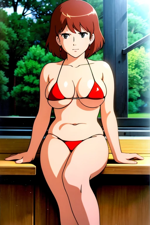 Browsing Caution,(masterpiece, highest quality, High resolution, Anime screenshots, Anime Color, 8k, Realistic), Nausicaa, very cute Girl, sexual provocation, alone, Brown Hair, short hair, Red Gem Earrings, Excitement, Shining eyes, (Looking at the audience), Beautiful breasts, Cleavage, (Micro Bikini), Perfect beauty, School classroom, (Perfectly detailed anatomy, Beautiful and elaborate face&eye:1.5, Shiny skin, Perfect body)、I want to see the whole body