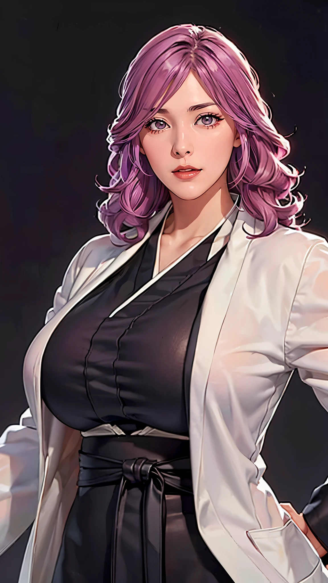 （（（完美figure，figure，solo， （（（white coat, black robes，japanese clothes，kimono））），（（（hikifune kirio, purple hair，lipstick，makeup））），((masterpiece)),high resolution, ((Best quality at best))，masterpiece，quality，Best quality，（（（ Exquisite facial features，Looking at the audience,There is light in the eyes，(（（lol，confidence））)，））），型figure:1.7））），（（（Light and shadow，Huge breasts））），（（（Looking at the camera，black background，）））