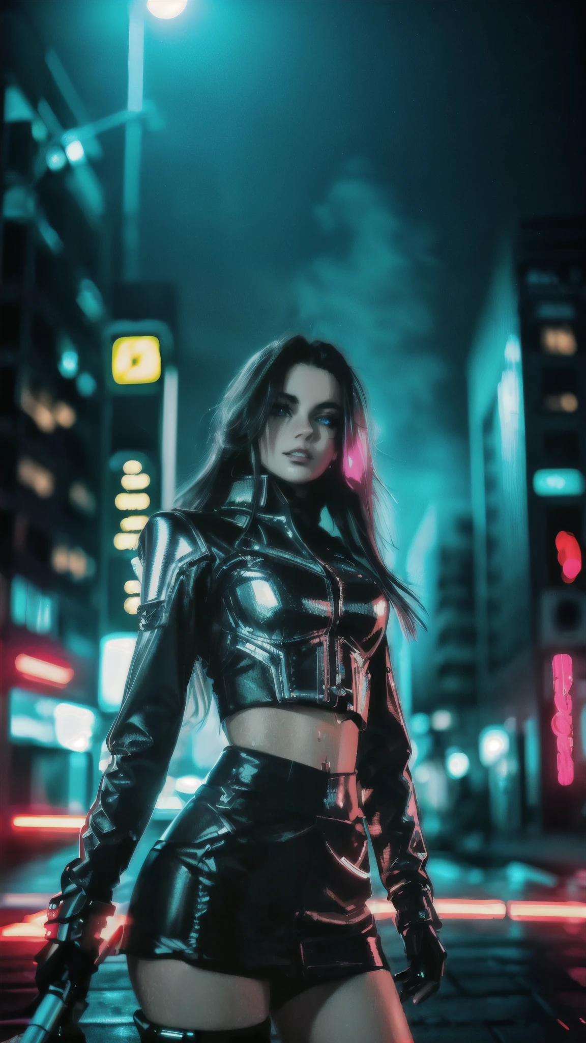 (best quality,4k,8k,highres,masterpiece:1.2),ultra-detailed,(female protagonist,cyber punk style,beautiful detailed eyes,beautiful detailed lips,futuristic neon motorcycle,glowing neon lights , glowing neon eyes, neon glowing lips,ultra long hair ponytail,cityscape background,vivid colors,portraits,sci-fi,sharp focus,physically-based rendering,shiny metallic textures,strong contrast,edgy clothing,dark alleys,graffiti art,street art elements,high-tech gadgets,urban environment,nighttime scene,rainy weather,blurred romantic lights,urban decay aesthetic,electric atmosphere,smoke and fog effects,dynamic pose.