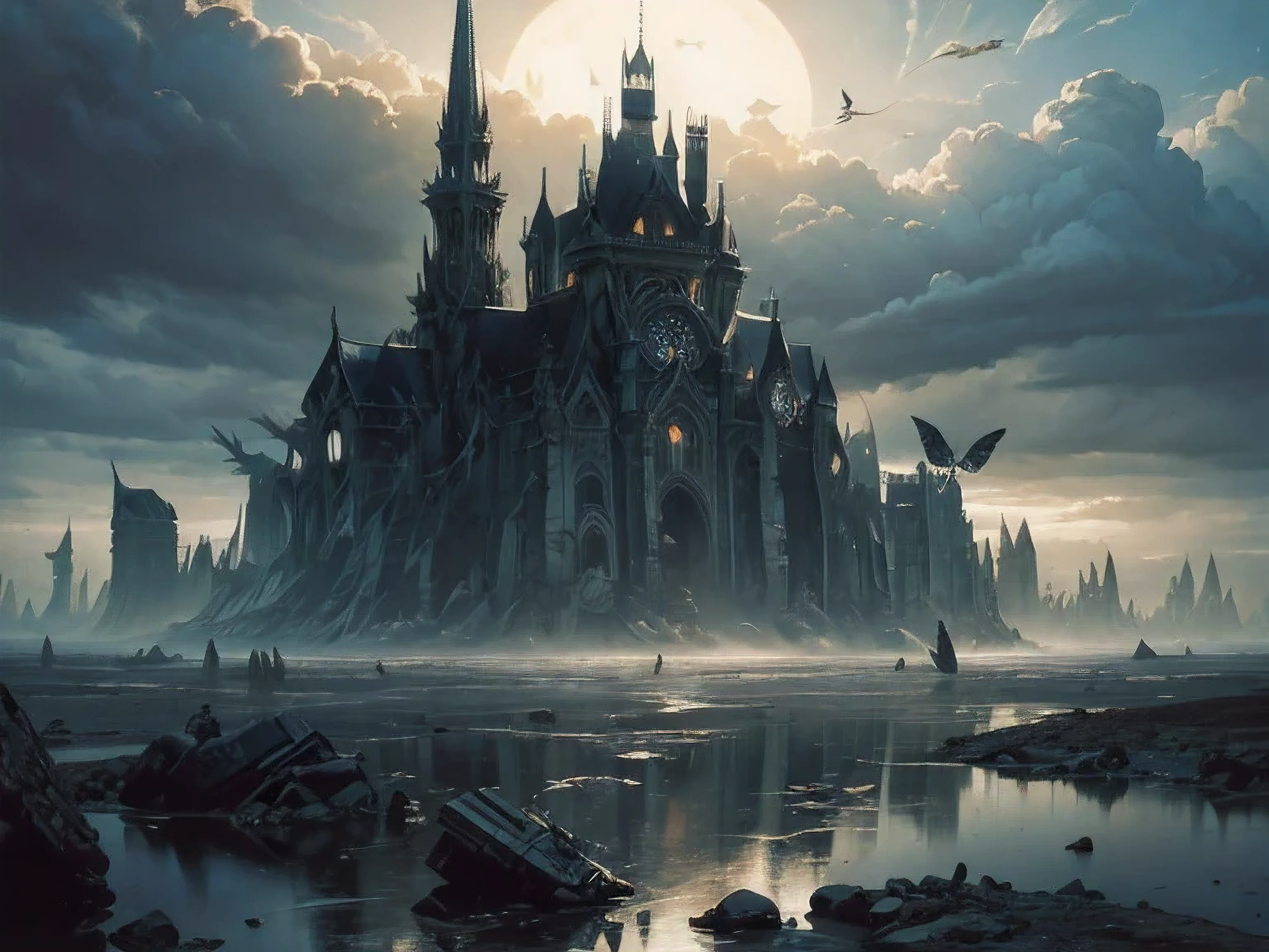 Panoramic photo of a huge ruined cathedral,Swallowed by thick fog in a desolate and unfamiliar landscape, sad,despair,fear, style (Yves Tanguy:1.25), heat wave, Art Nouveau, superb isolation, superb washing, strong prime time, Glass, cone, moth or butterfly,Crows or ravens,key, Rurid, Afterimages and optical illusions,Replenish, Super detailed, oil painting on canvas, dry brush, (Surrealism:1.1)