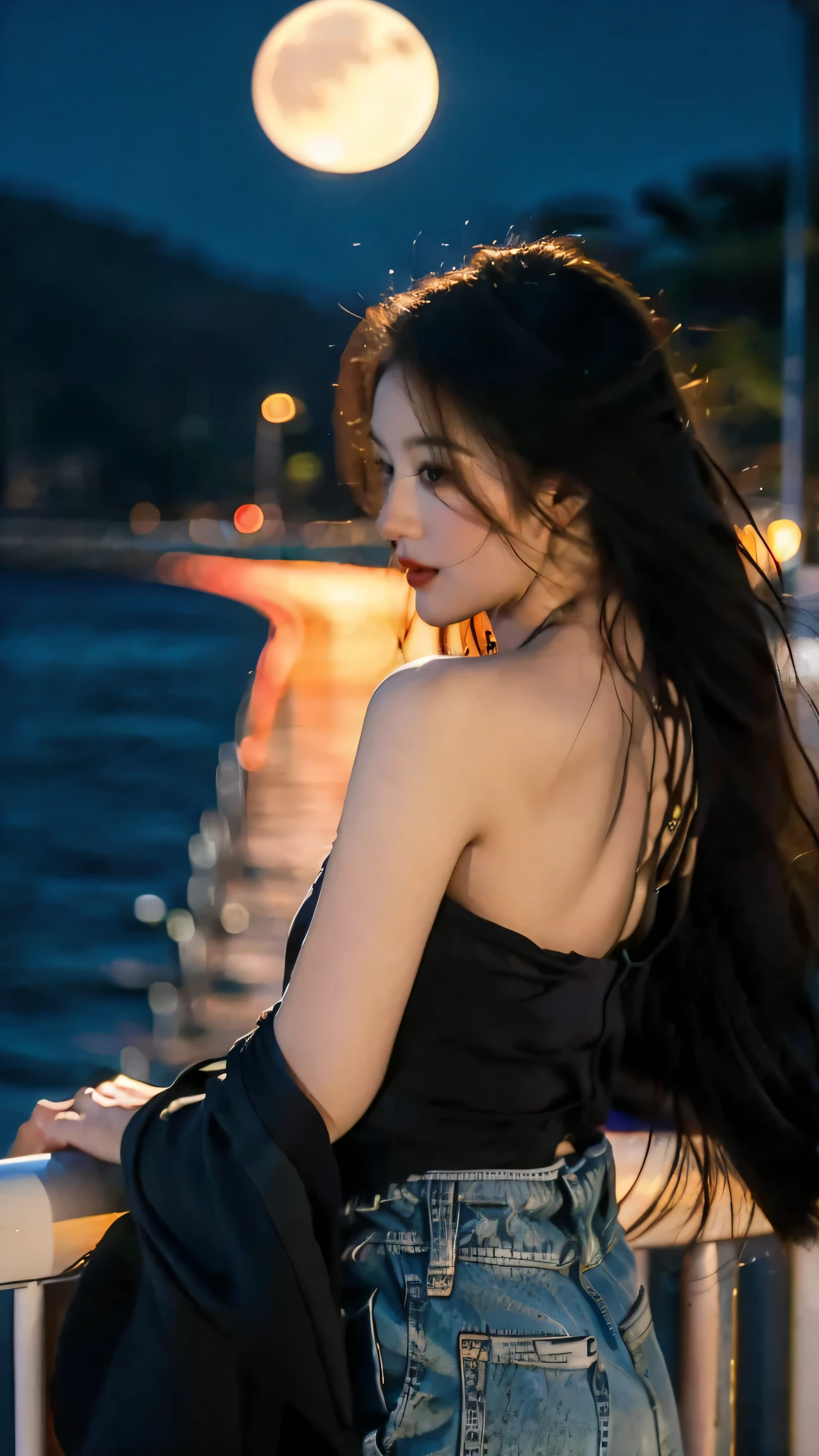 "A young woman's silhouette is framed against the vast expanse of the night sea, her back to the camera as she faces the rolling waves. The moonlight catches the whitecaps, creating a dramatic contrast between light and dark. The image should be rich in detail, with the texture of her hair and clothing visible in the soft, cool breeze."