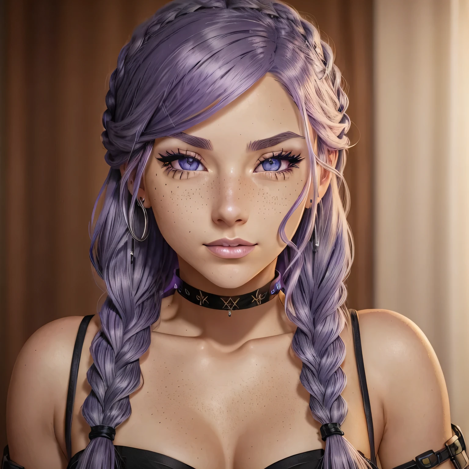 A young woman with long lavender colored hair with a single braid accent with grey colored eyes youthful freckles over nose bar setting anime in bar choker necklace mischevious troublemaker,sh44r