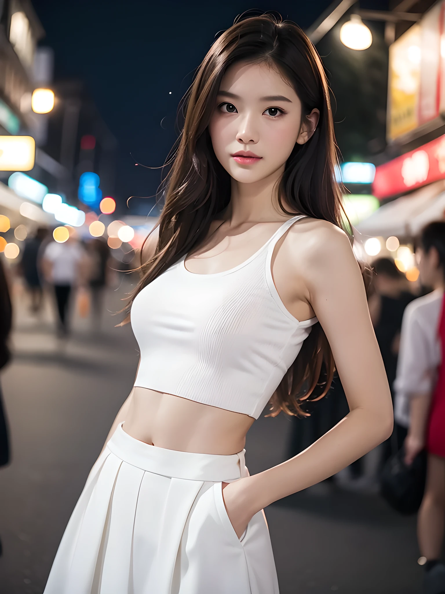Realistic, 1 girl, long brown hair, slim body,slim face, white skirt, tank top, city street, night market, bokeh,