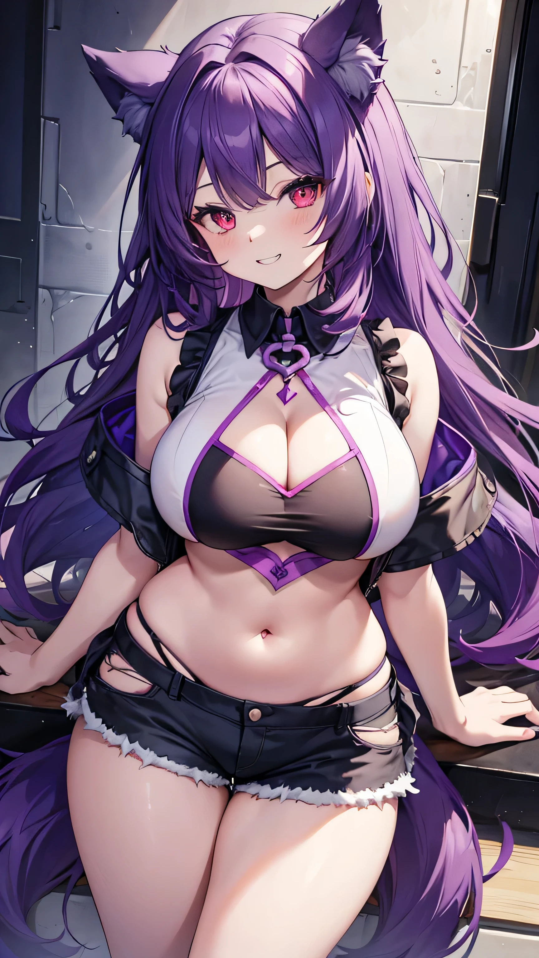 Wolf Girl, Large Breasts, Voluminous purple hair, masterpiece , Red eyes, hd, Thick thighs, Head to Chest, buried in my chest、Underboob、Double teeth、tooth、Sleeveless shirt、Shorts、Chubby、Grinning