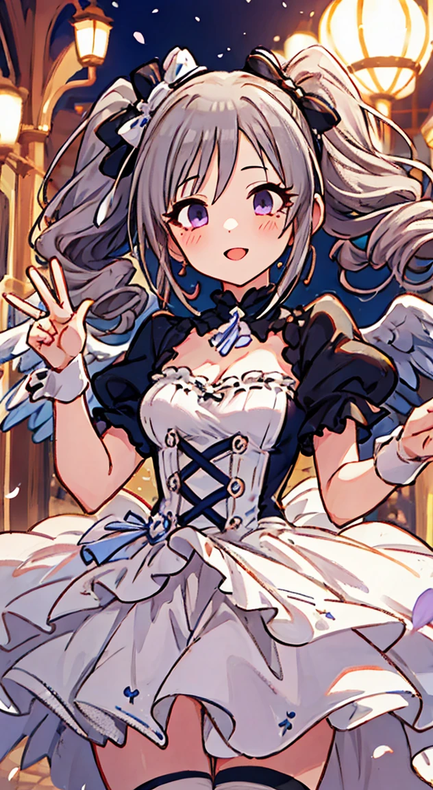 High Quality,Superior,Angelic,Radiant,Charming,Kawaii,Radiant Smile,peace fingers,Idol,idol stage,gothic costume,((2 girls)),Ranko kanzaki, Kiriko yukoku,