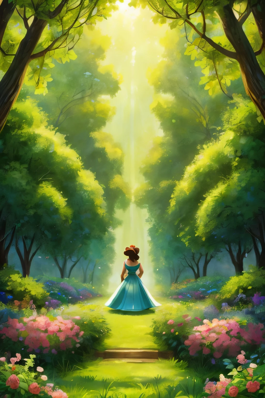 A lush green forrest with beautifull trees and flowers,illustrative disney style