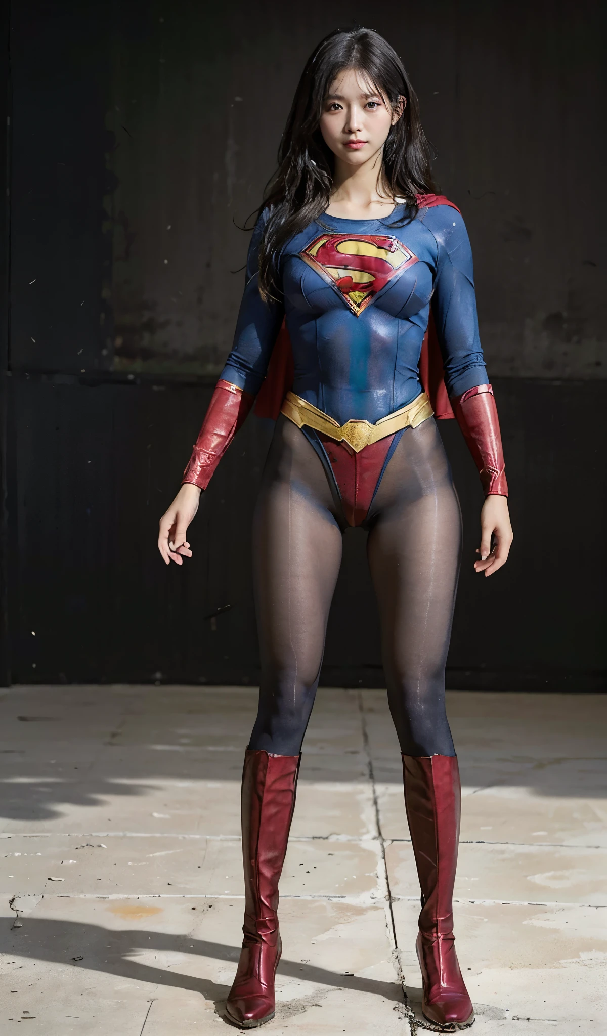 No background、(((Beautiful legs in black tights.)))、(((Legally express the beauty of your smile)))、((((Make the most of your original images)))、(((Supergirl Costume)))、(((Beautiful Hair)))、(((suffering)))、(((Please wear black tights....、Wear red boots)))、((Best image quality、8K))、((highest quality、8K、masterpiece:1.3))、(((Preserve background )))、Sharp focus:1.2、Beautiful woman with perfect figure:1.4、Thin abdominal muscles:1.2、Wet body:1.5、Highly detailed face and skin texture、8K