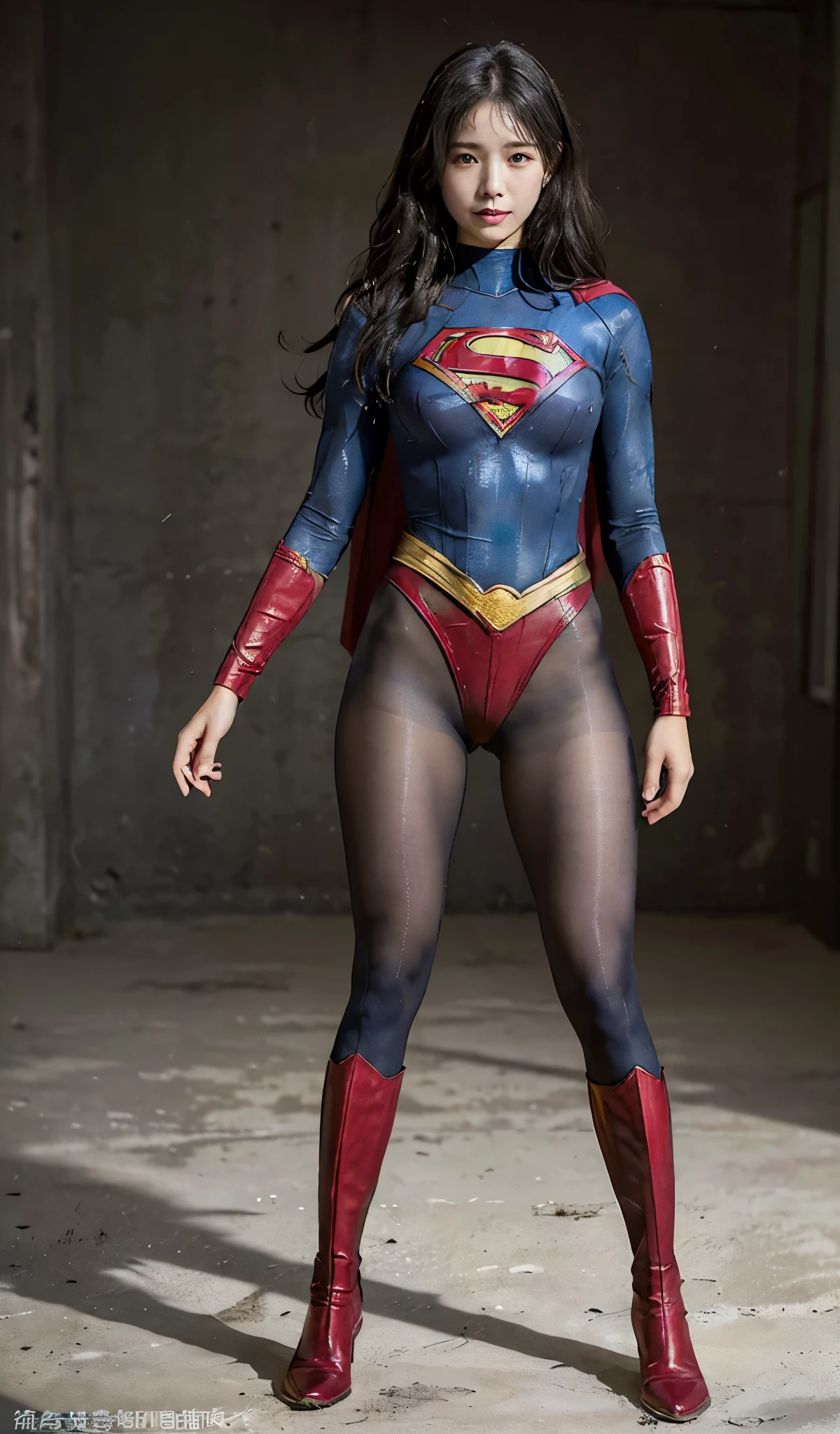 No background、(((Beautiful legs in black tights.)))、(((Legally express the beauty of your smile)))、((((Make the most of your original images)))、(((Supergirl Costume)))、(((Beautiful Hair)))、(((suffering)))、(((Please wear black tights....、Wear red boots)))、((Best image quality、8K))、((highest quality、8K、masterpiece:1.3))、(((Preserve background )))、Sharp focus:1.2、Beautiful woman with perfect figure:1.4、Thin abdominal muscles:1.2、Wet body:1.5、Highly detailed face and skin texture、8K