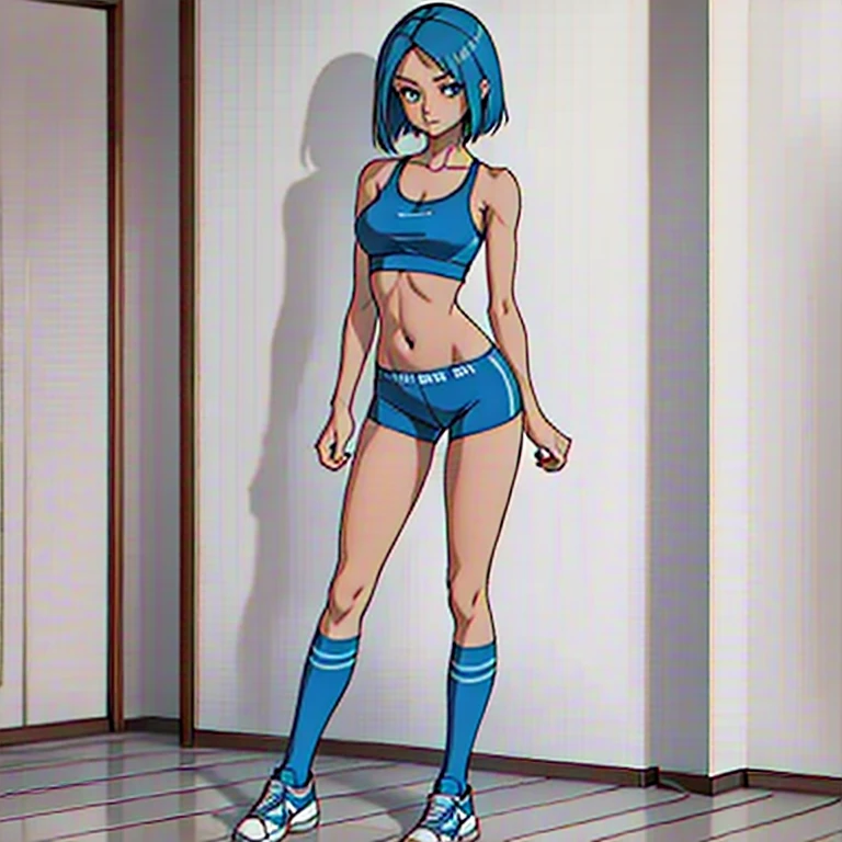 Slim athletic woman, shorts blue hair, blue sports bra, blck spandex shorts, boyshorts, athletic socks, knee high socks, sneakers, standing, sexy, beautiful, public, shy