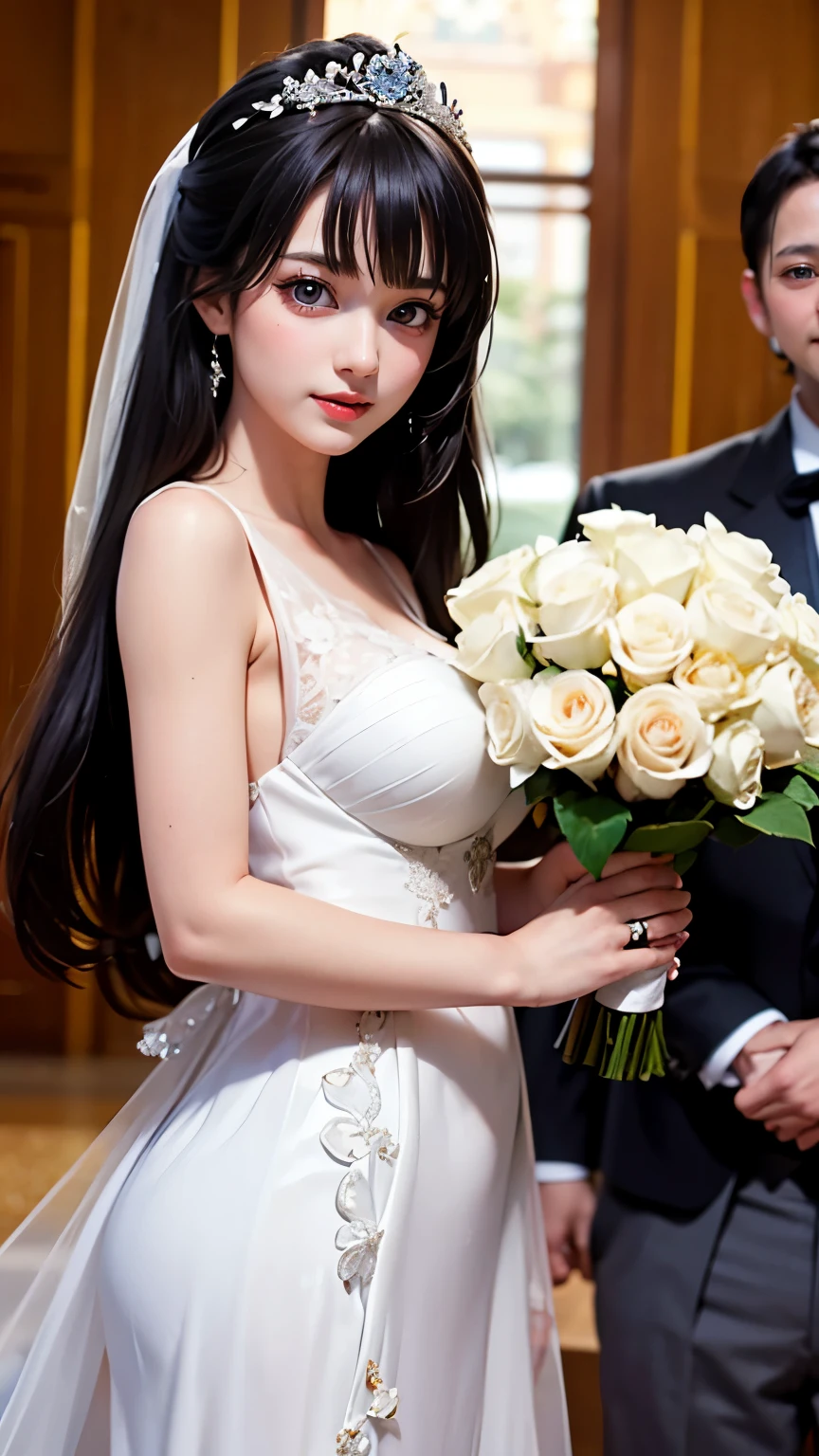 (Very delicate and beautiful:1.2)Supermodel,,Big Breasts,Beautiful breasts,Tight waist、Small Ass、super high quality,8k,One Girl,bride,White lace dress,Princess Dress、Bouquet of roses in hand,And the sun was shining bright,And the sun was shining bright,Vibrant colors、highest quality, High resolution, 8k,, Sharp details, White floral dress, 21 years old、smile、Slim figure、Black Hair、bangs、Random Hairstyles、Couple, 1 male、1 female, Highly detailed face, ((長い暗い黒のbangsと紫色の目をした女性)), 短い暗褐色の髪とMan with dark grey eyes性, Face to face, Victorian era, (A woman is wearing a wedding dress and holding flowers), (スーツを着たsmileの男性), Dim Light, The boy is tall, (marry), (Woman with deep purple eyes), (Man with dark grey eyes), At a wedding