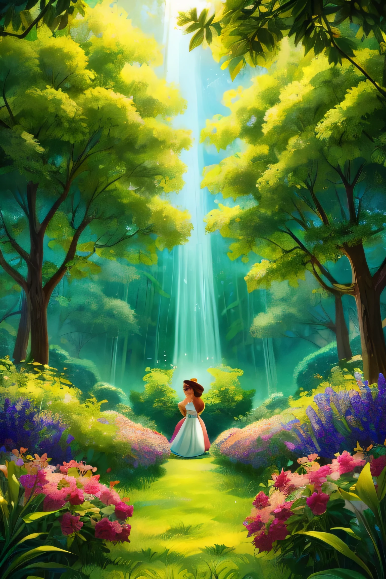 A lush green forrest with beautifull trees and flowers,illustrative disney style
