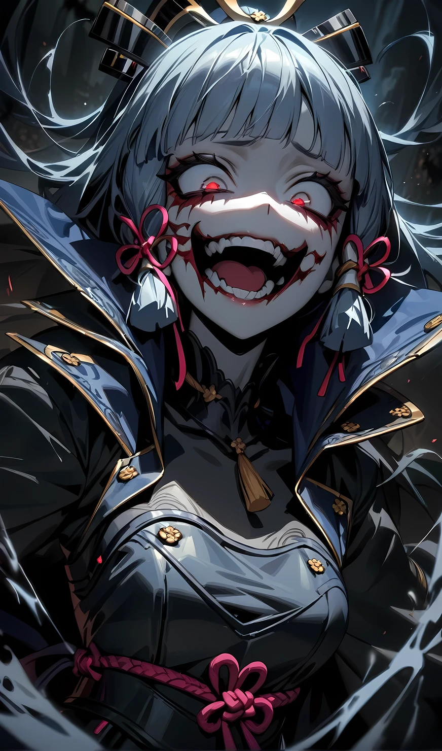 Kamisato Ayaka,dark theme, nightmare, villian,(masterpiece), (best quality), ultra high res, professional artwork, ultra detailed, intricate, detailed face, perfect lighting, 1girl, scary face, laughing