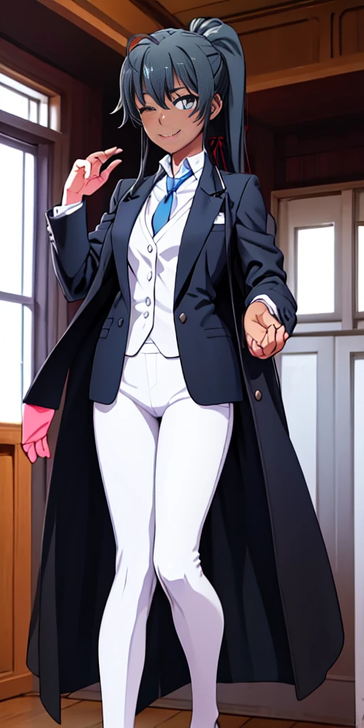 ((best quality)), ((masterpiece)), (detailed) 1girl 1girl, ;\), blurry, blurry_background, breasts, , hair_ponytail ribbon, looking_at_viewer, ok_sign, one_eye_closed, open_hand, Yukinoshita Yukino ,Woman wearing formal clothes, An attractive coat stands in a large gap in the room , 1girl, solo, blue necktie, Black hair, eyes blue, long hair, smile , collared shirt, white pants, white shirt , Elegantly designed coat , Stand in front of a window ,Perfectly tailored tailcoat. It has a stunning Victorian design and is made of lustrous fabric, dark skin gyaru black skin