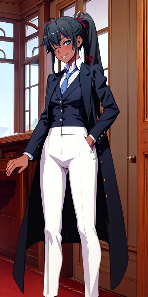 ((best quality)), ((masterpiece)), (detailed) 1girl 1girl, ;\), blurry, blurry_background, breasts, , hair_ponytail ribbon, looking_at_viewer, ok_sign, one_eye_closed, open_hand, Yukinoshita Yukino ,Woman wearing formal clothes, An attractive coat stands in a large gap in the room , 1girl, solo, blue necktie, Black hair, eyes blue, long hair, smile , collared shirt, white pants, white shirt , Elegantly designed coat , Stand in front of a window ,Perfectly tailored tailcoat. It has a stunning Victorian design and is made of lustrous fabric, dark skin gyaru black skin