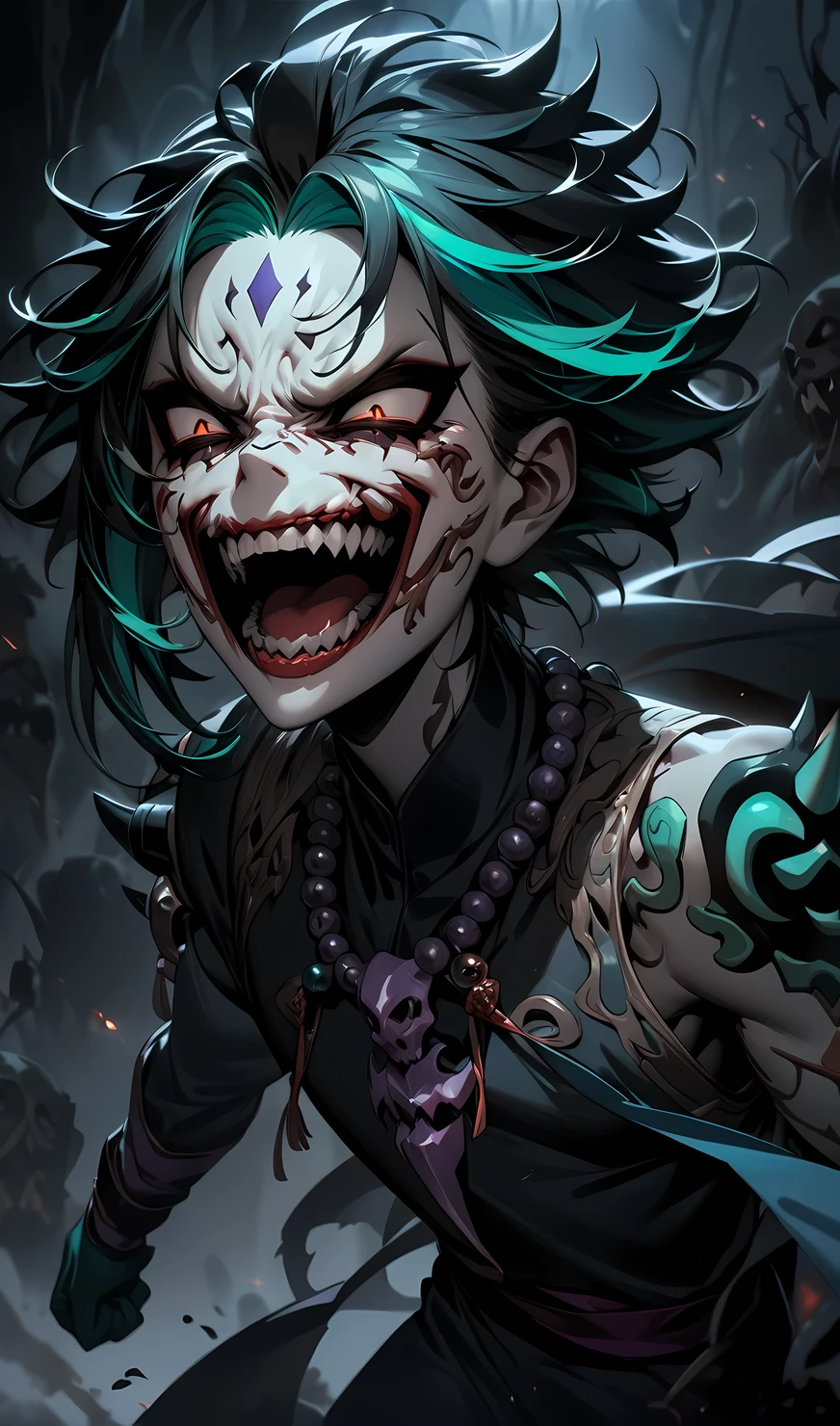 Joker cartoon style, (absurd, intricate details, masterpiece, best quality, high resolution, 8k), sinister man, laughing.detailed background, detailed face,selfie pose,looking at camera,(V0id3nergy, empty theme:1.1) evil clown, magic robes of tattered color, (smile: 0.8), purple color scheme, dark scarlet light, streets of gotan , bright magic runes,