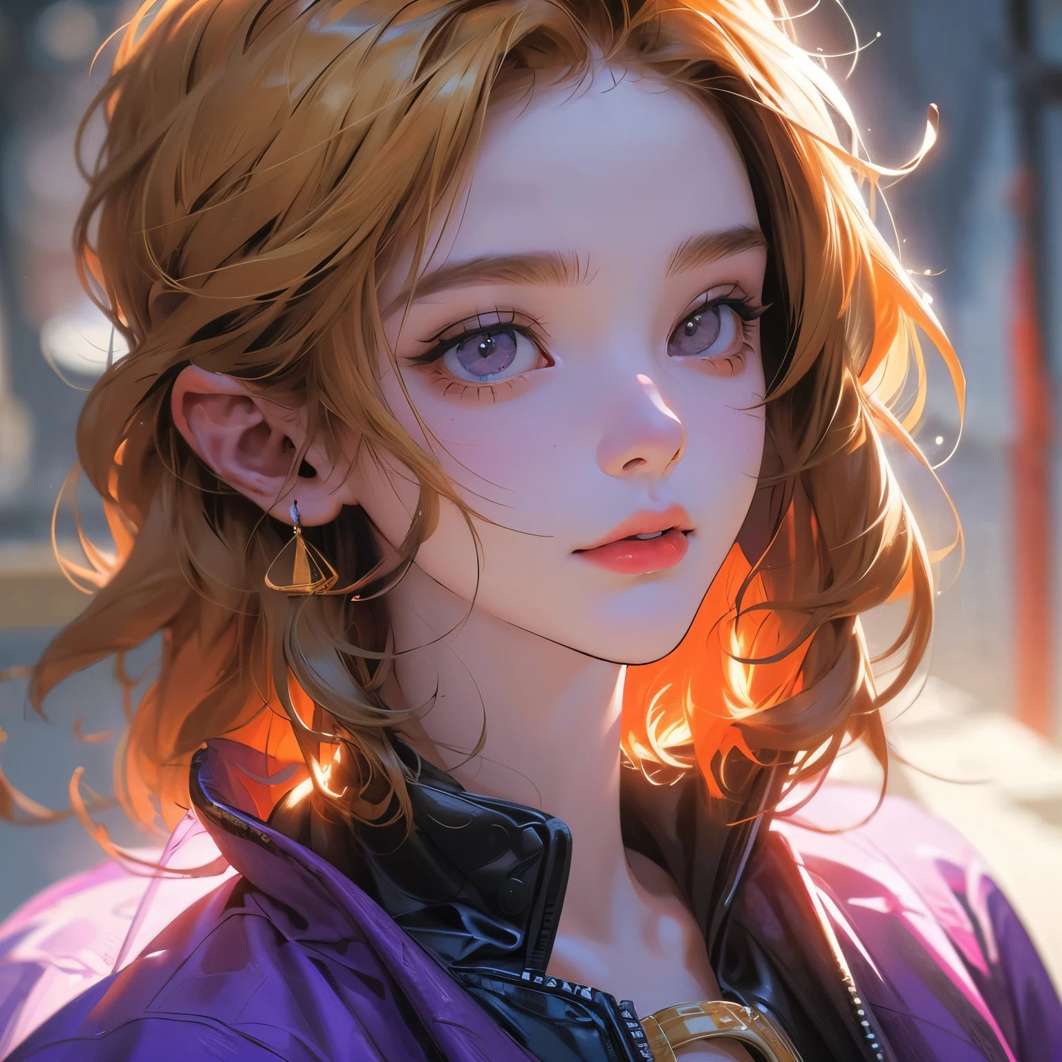 1girl, solo, (golden hair:1.2), Asymmetrical haircut, (violet clothes:1.2) masterpiece, best quality, photorealistic, realistic, (RAW photo, 8k uhd, film grain), caustics, subsurface scattering