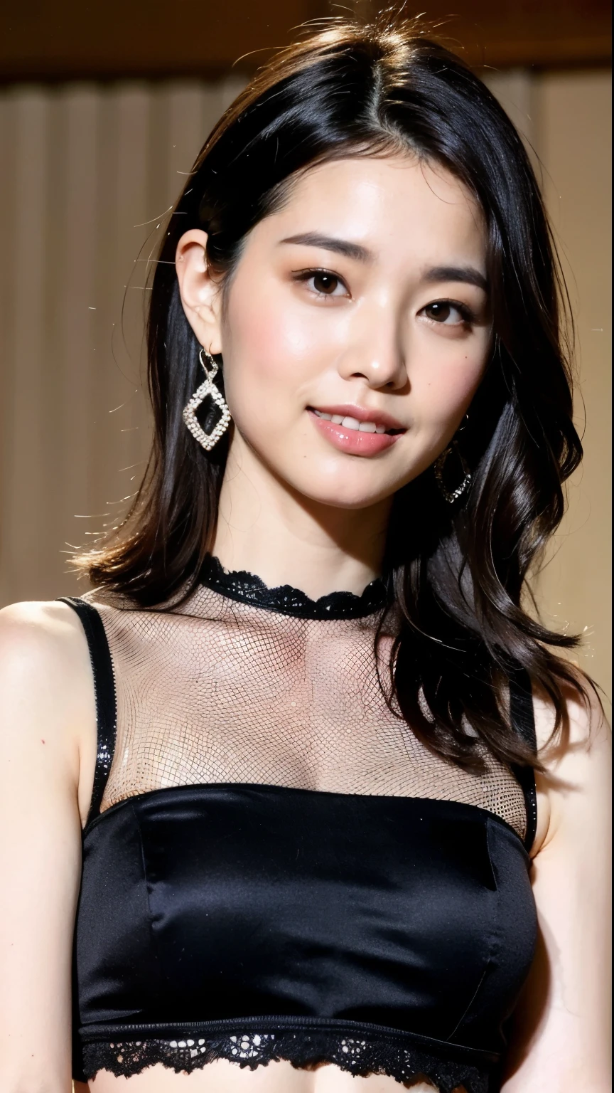 (highest quality, 8k, 32k, masterpiece, Ultra-high resolution:1.2),Beautiful Japanese Women Photos, alone, 1 girl, Glowing Skin, Glittering earrings, glamorous, Quirky details, Charm, Exposing shoulders, Sheer silk lace crop top, Tight Skirt, Shallow depth of field, Contrasting, Professional models, Look forward, Overbyte、Mouth half open、blush:2.5、(Larger breasts)、Random hairstyles for short hair、Black Hair、close up face、Portrait、Teeth are visible、Wide mouth、Droopy eyes、round face、Multiple moles、Fair skin、A lively 24-year-old、Brown eyes、Big smile、(Chubby)