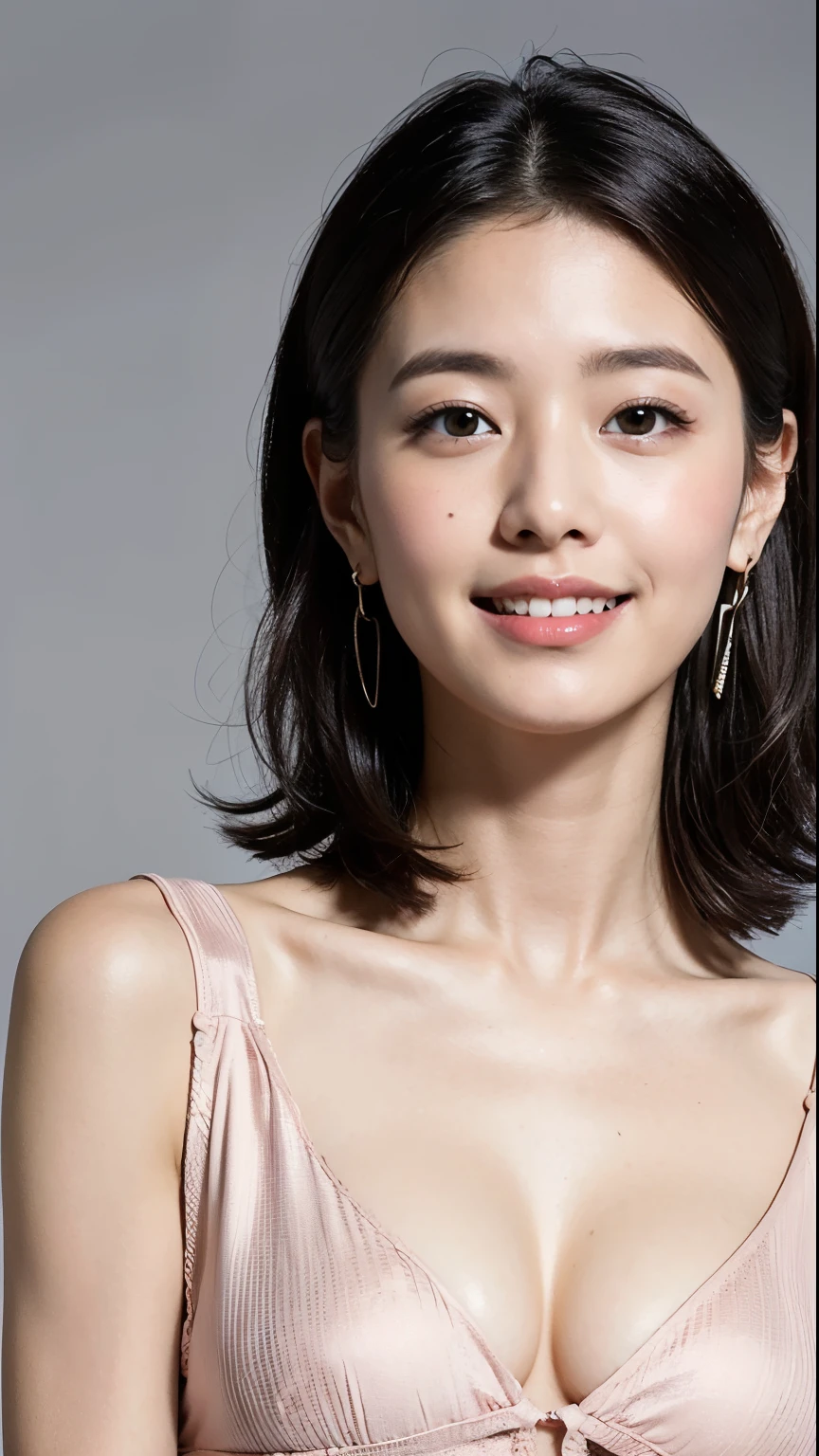 (highest quality, 8k, 32k, masterpiece, Ultra-high resolution:1.2),Beautiful Japanese Women Photos, alone, 1 girl, Glowing Skin, Glittering earrings, glamorous, Quirky details, Charm, Exposing shoulders, Sheer silk lace crop top, Tight Skirt, Shallow depth of field, Contrasting, Professional models, Look forward, Overbyte、Mouth half open、blush:2.5、(Larger breasts)、Random hairstyles for short hair、Black Hair、close up face、Portrait、Teeth are visible、Wide mouth、Droopy eyes、round face、Multiple moles、Fair skin、A lively 24-year-old、Brown eyes、Big smile、(Chubby)