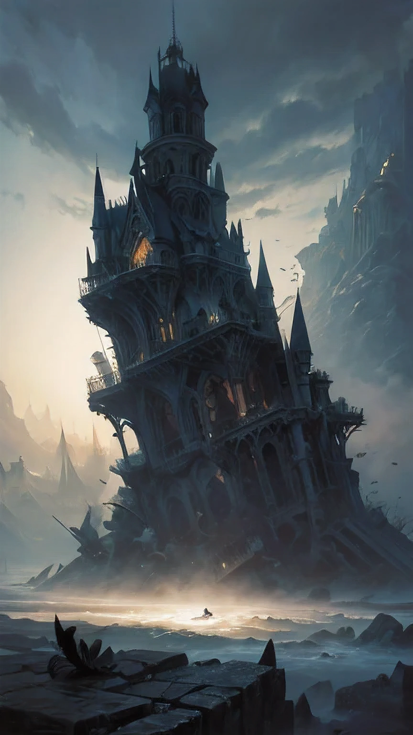 Panoramic photo of a huge ruined cathedral,Swallowed by thick fog in a desolate and unfamiliar landscape, sad,despair,fear, style (Yves Tanguy:1.25), heat wave, Art Nouveau, superb isolation, superb washing, strong prime time, Glass, cone, moth or butterfly,Crows or ravens,key, Rurid, Afterimages and optical illusions,Replenish, Super detailed, oil painting on canvas, dry brush, (Surrealism:1.1)