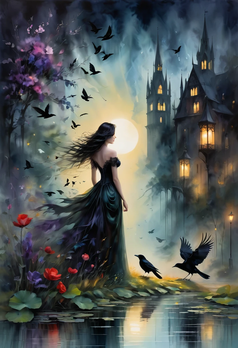 （dark atmosphere，Goethe-Mode，helle Farben），（best quality，Super exquisit，），sexy Gothic-Rabe，Rosengarten bei Nacht，Crow feathers，black crow，Das Mondlicht spiegelt ihre elegante Silhouette，Weiche Schatten und weiche Glanzlichter，Contrasting colors create a lively atmosphere，dunkle und stimmungsvolle Farbpalette，Dezente und dennoch dramatische Lichteffekte，Erhabene Dunkelheit vermischt mit exquisitem Mondlicht