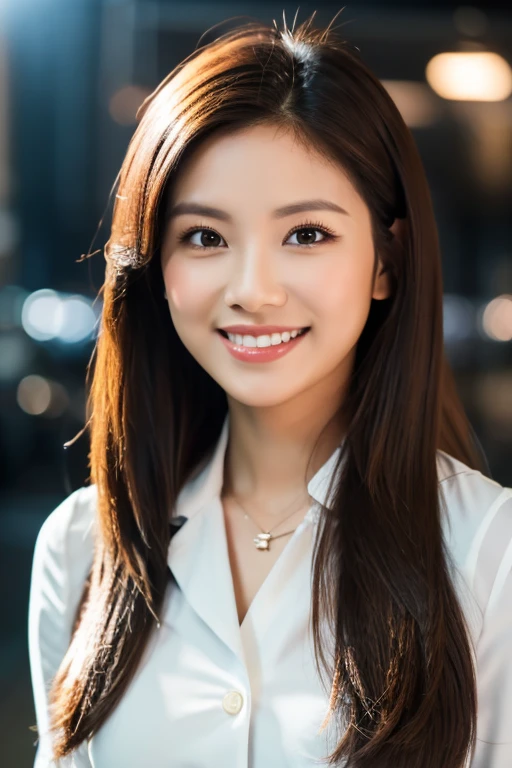 (In 8K、Raw photo、highest quality、Realistic、Photorealistic、Professional Lighting, Tabletop, View your viewers:1.4, front lighting:1.5, Gray background), 28 year old Filipino woman, Attractive real estate company employees, Big glowing eyes:1.5, Slim figure, Facing forward, A strong sense of responsibility, Stylish appearance, A confident smile, Professional atmosphere, Dark brown hair color, Long Hair Length, Recruitment suits, A knowledgeable impression, Bust up shot