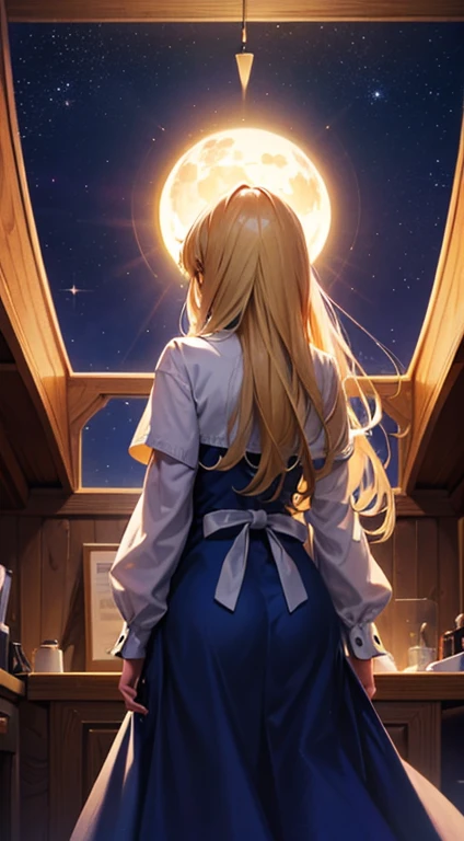 １people々々々々々々々々々々々々々,Blonde long-haired woman， Dress Silhouette，Adventurer， Rear View，Space Sky, , Anime Style, sunset，The boundary between sea and space，