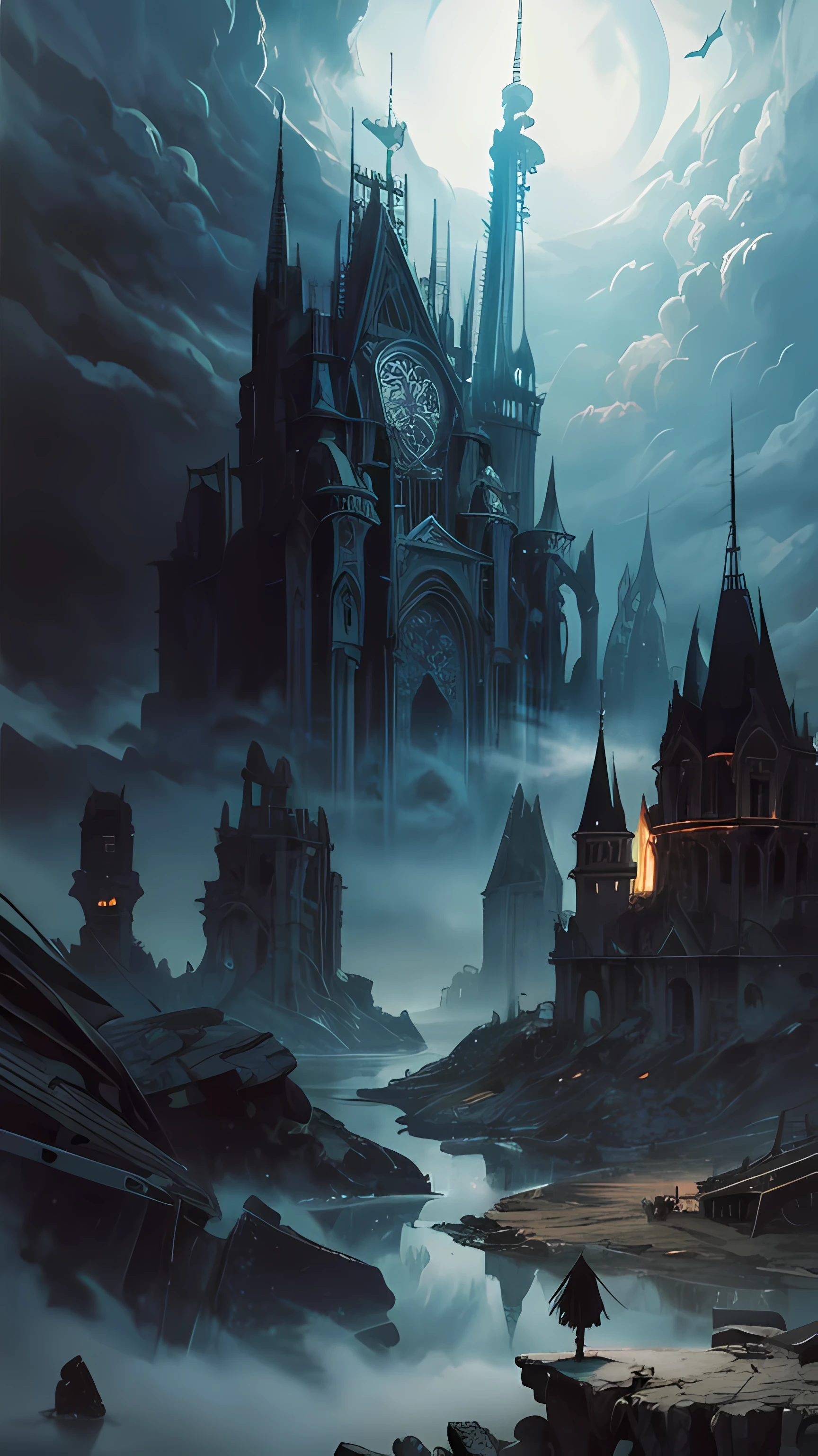Panoramic photo of a huge ruined cathedral，Swallowed by thick fog in a desolate and unfamiliar landscape, sad,despair,fear, style (Yves Tanguy:1.25), heat wave, Art Nouveau, superb isolation, superb washing, strong prime time, Glass, cone, moth or butterfly,Crows or ravens,key, Rurid, Afterimages and optical illusions,Replenish, Super detailed, oil painting on canvas, dry brush, (Surrealism:1.1)