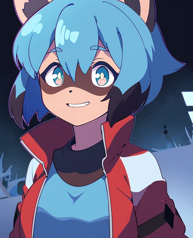 Michiru_kagemori, 1girl, Tier_Ohren, Blau_Haar, Body_Fell, Fellry, Fellry_weiblich, raccoon_Ohren, raccoon_girl, raccoon_Schwanz, kurz_Haar, Schwanz, Rot_Jacke, Schiene_Jacke, White_Hemd, offener Mund, schreiend, scaRot, Nacht, Regen, Blitz, Blitz strike, outside, Wald, Baum, portrait, Allein, Oberer, higher_Body, ambient dunkelness, dunkel
