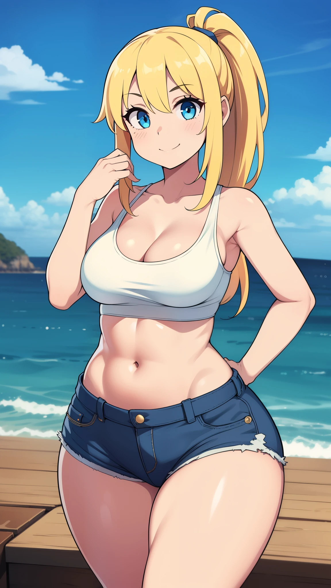 ((highres)), Masterpiece, high quality, best quality, beautiful, perfect lighting, detailed face, ultra cute face, looking at viewer, ((1girl)), ((solo)), cowboy shot,
long blonde hair, ponytail, blue eyes, crop top, jean shorts, cleavage, medium breasts, wide hips, thick thighs, skinny, fit, smile,
Standing on a dock, ocean in background, arms behind back,