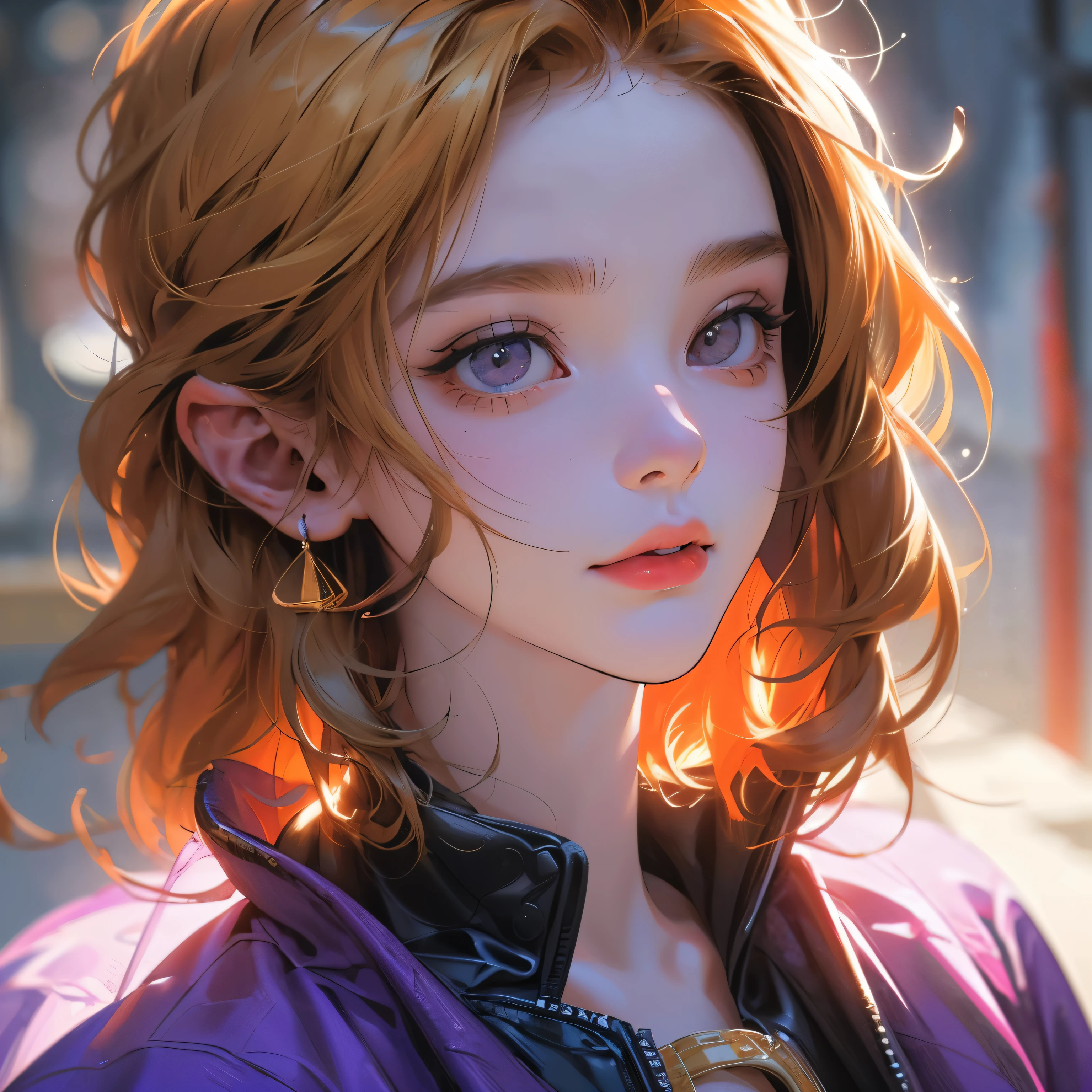 1girl, solo, (golden hair:1.2), Asymmetrical haircut, (violet clothes:1.2) masterpiece, best quality, photorealistic, realistic, (RAW photo, 8k uhd, film grain), caustics, subsurface scattering
