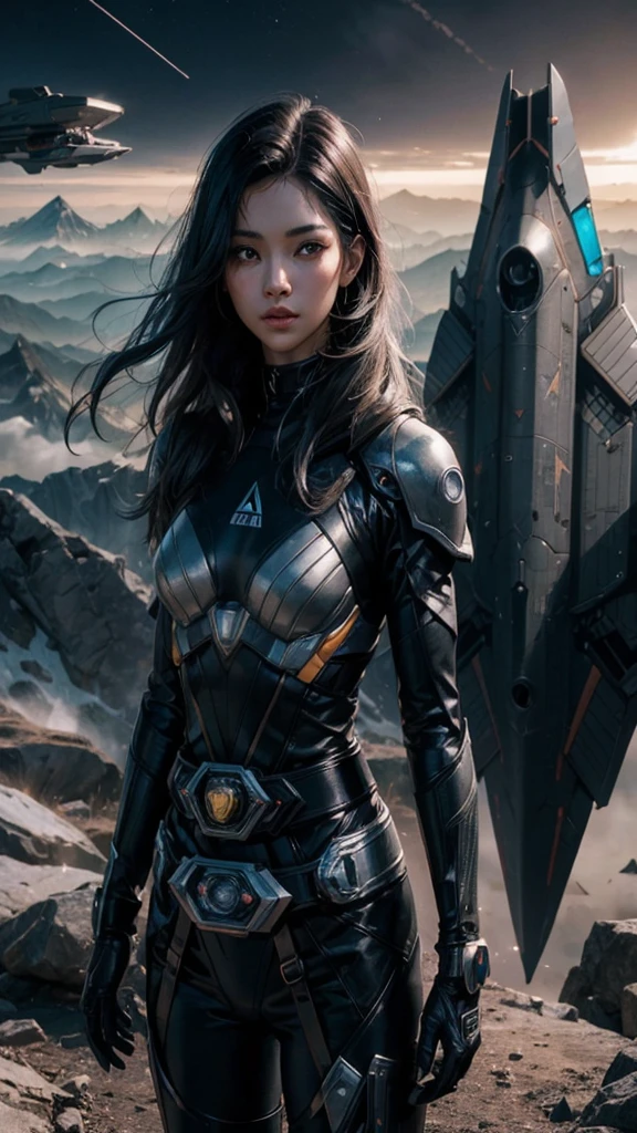 Beautuful Women. Black hair. He wears a black combat suit, He wears something like a Kamen Rider transformation belt around his waist.. Behind her is a small triangular spaceship. The spacecraft is anchored on the mountainside. 8K image quality. cyberpunked.