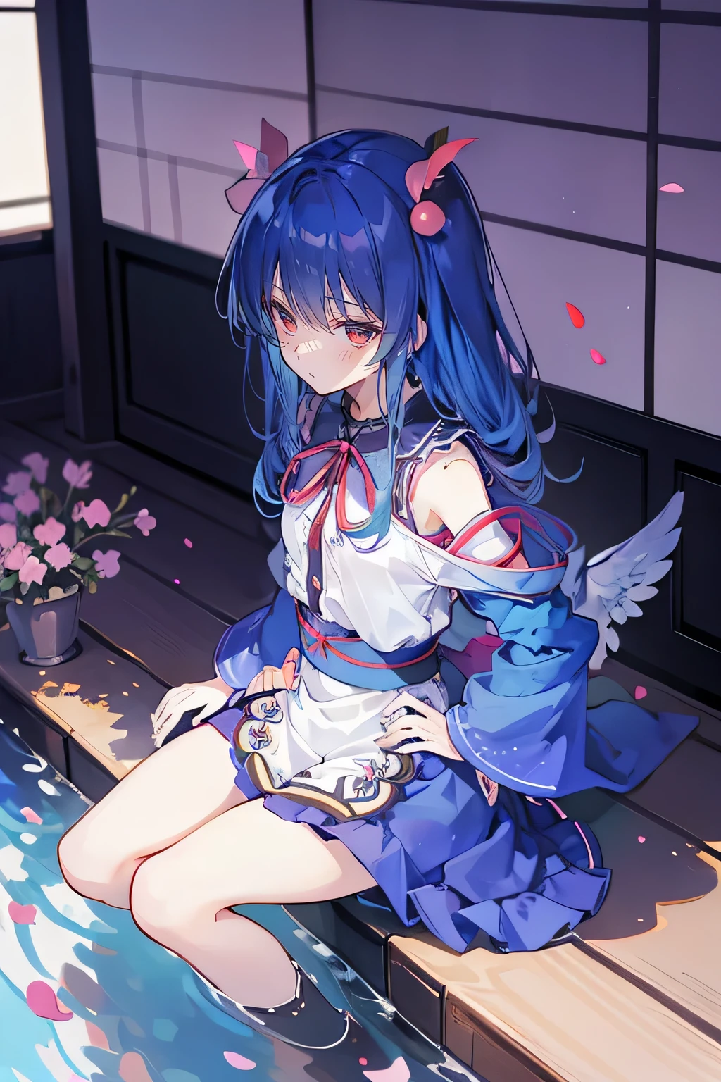(best quality, masterpiece:1.2), expressive eyes, perfect face, 1 girl, hands on waist, beautiful, gorgeous, Japanese animation, Lola, Hinamori Angel, blue hair, floating clothes, waist grab, waist grab, hands on hips, sitting, sitting on the ground, legs on the ground, flat-chested, falling petals, sitting in a pavilion, pavilion.