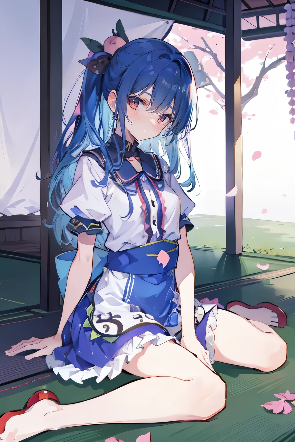 (best quality, masterpiece:1.2), expressive eyes, perfect face, 1 girl, hands on waist, beautiful, gorgeous, Japanese animation, Lola, Hinamori Angel, blue hair, floating clothes, waist grab, waist grab, hands on hips, sitting, sitting on the ground, legs on the ground, flat-chested, falling petals, sitting in a pavilion, pavilion.