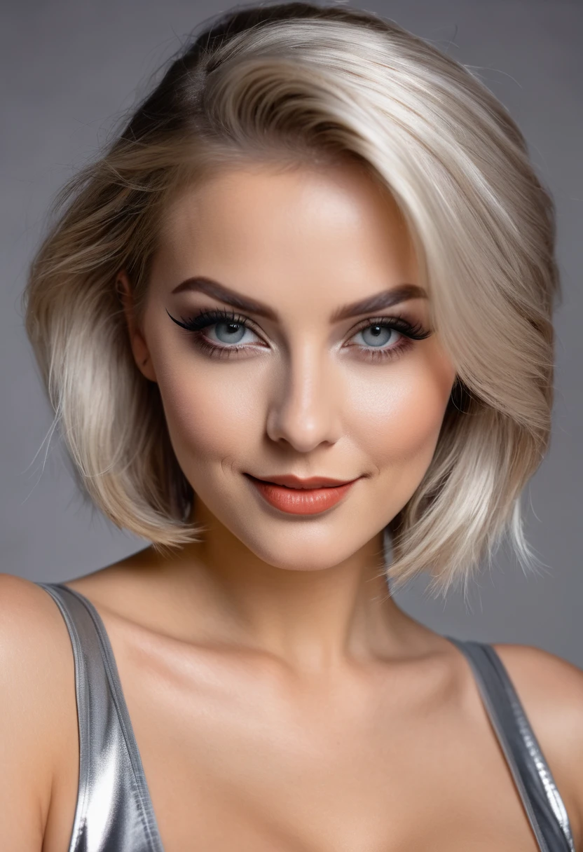 hyperrealistic beautiful busty 30-year-old women in ultra shiny silver jumpsuit, model shooting mugshot photography, dyed blonde classic bob, dark eye makeup with eyeliner, seductive smile, 8K, best quality, Meisterwerk, ultra high resolution, (Realismus: 1.4), Originalfoto, (realistische Hautstruktur: 1.3), (Filmkorn: 1.3), (Selfie-Winkel), 1 girl, Beautiful eyes and facial details, Meisterwerk, best quality