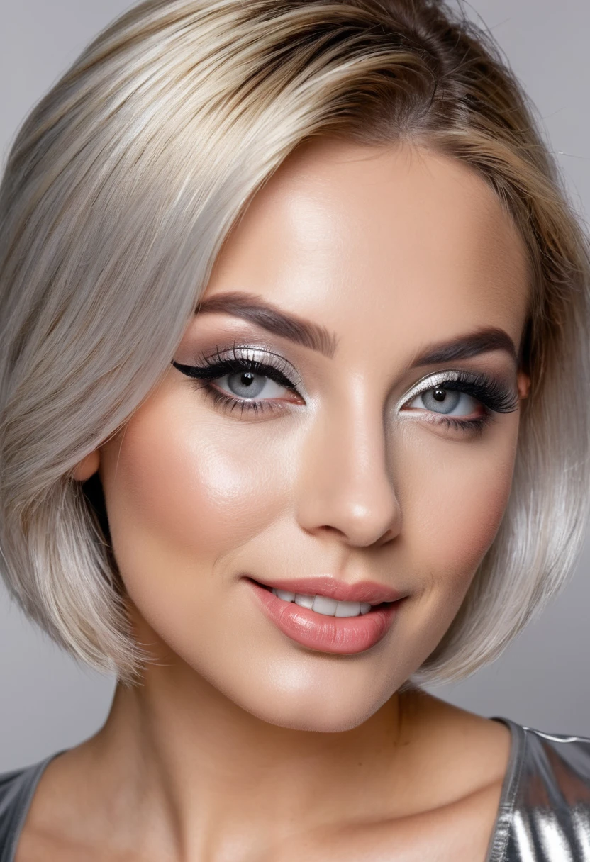 hyperrealistic beautiful busty 30-year-old women in ultra shiny silver jumpsuit, model shooting mugshot photography, dyed blonde classic bob, dark eye makeup with eyeliner, seductive smile, 8K, best quality, Meisterwerk, ultra high resolution, (Realismus: 1.4), Originalfoto, (realistische Hautstruktur: 1.3), (Filmkorn: 1.3), (Selfie-Winkel), 1 girl, Beautiful eyes and facial details, Meisterwerk, best quality