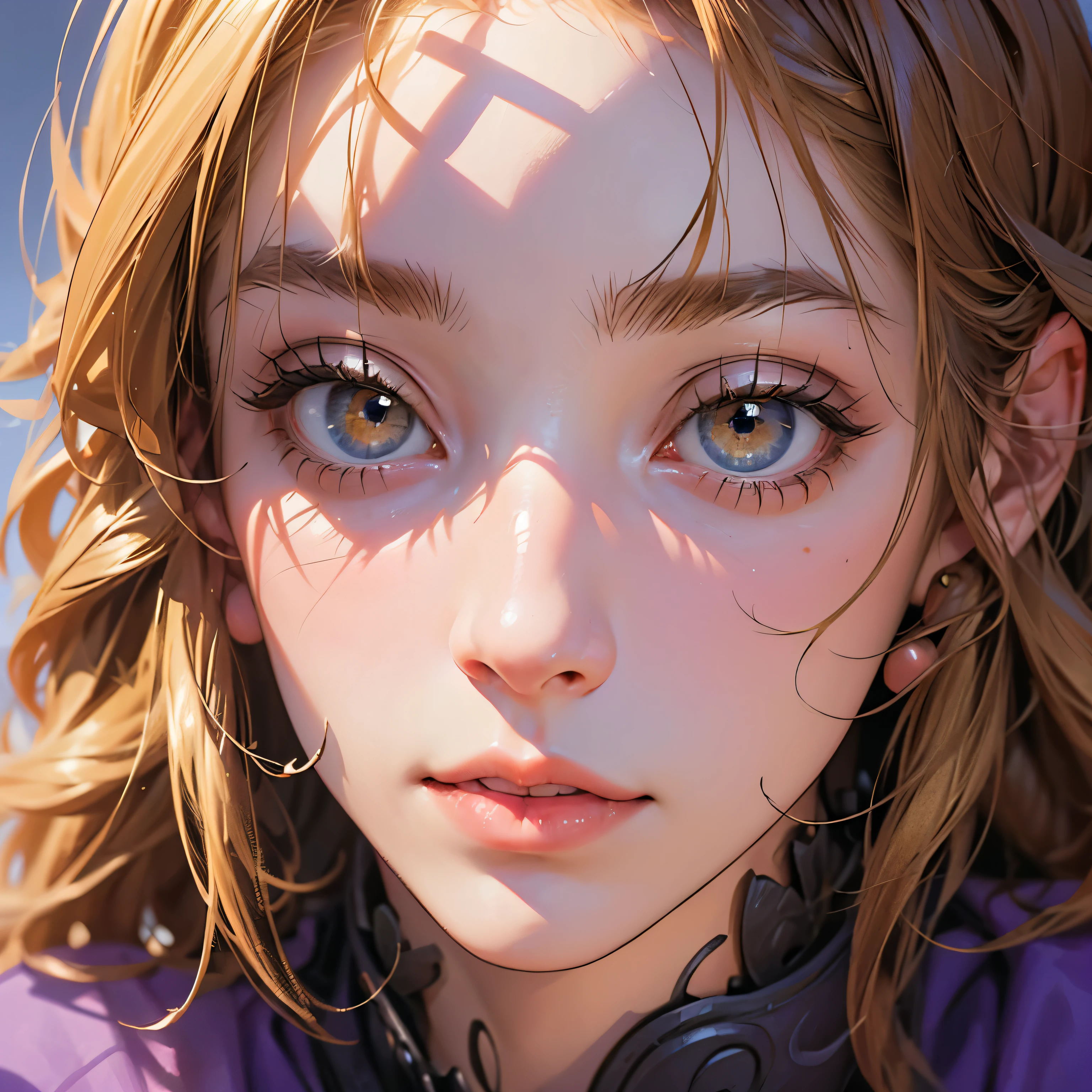 1girl, solo, (golden hair:1.2), Asymmetrical haircut, (violet clothes:1.2) masterpiece, best quality, photorealistic, realistic, (RAW photo, 8k uhd, film grain), caustics, subsurface scattering
