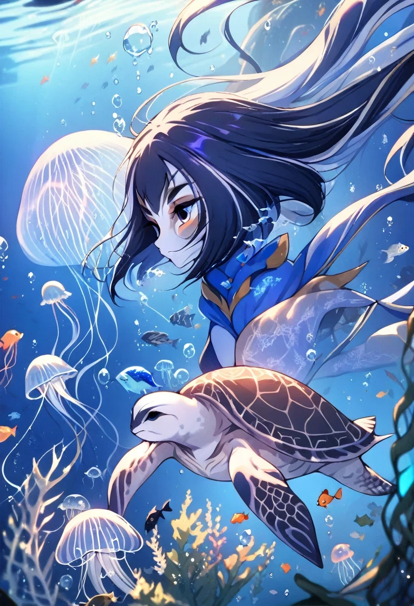 (shylily/(Twich/):1.5),(masterpiece:1.2),(best quality:1.2),, (1girl:1.3),(negative space:1.2),beautiful detailed eyes,floating hair, underwater, bubble, fish, (jellyfish), fluorescence,sea turtle, seaweed,