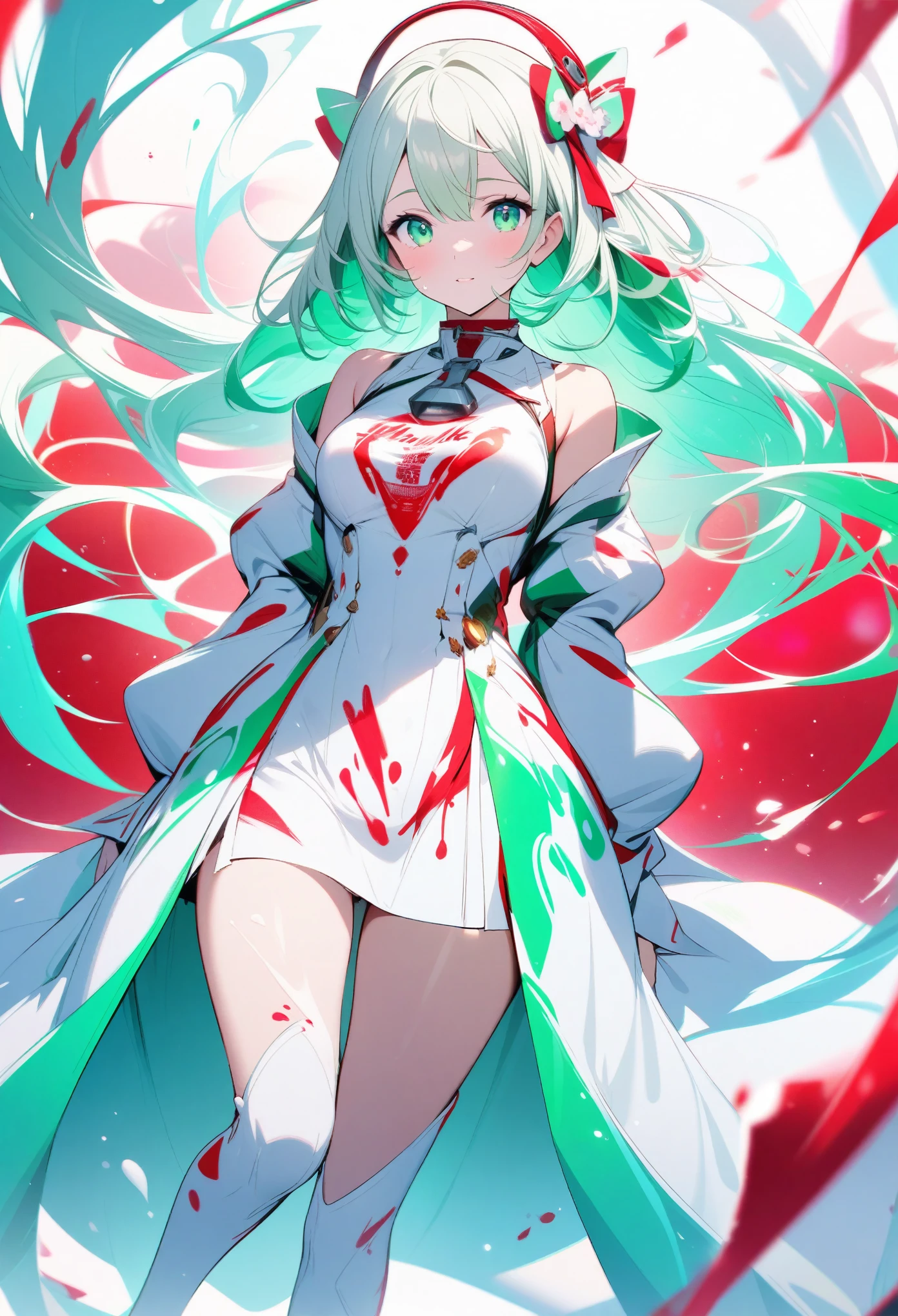 Anthropomorphic image of milk. Beautiful girl with red, green and white colors