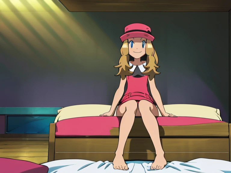 masterpiece, best quality, highres, in a living room, depth of field, 1girl, solo, serena (pokemon), seductive, underwear, looking at viewer, bare legs curled under, bare feet, side, seated on bed, closed mouth, smiling.