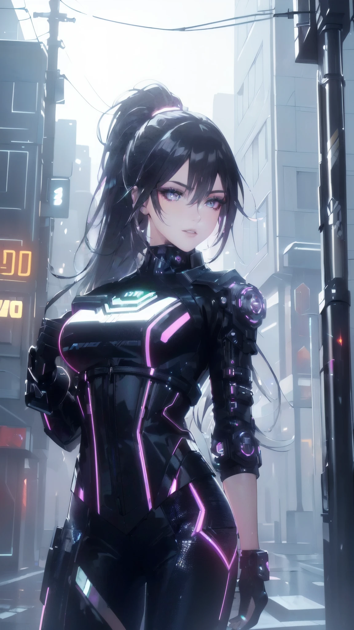 (best quality,4k,8k,highres,masterpiece:1.2),ultra-detailed,(female protagonist,cyber punk style,beautiful detailed eyes,beautiful detailed lips,futuristic neon motorcycle,glowing neon lights , glowing neon eyes, neon glowing lips,ultra long hair ponytail,cityscape background,vivid colors,portraits,sci-fi,sharp focus,physically-based rendering,shiny metallic textures,strong contrast,edgy clothing,dark alleys,graffiti art,street art elements,high-tech gadgets,urban environment,nighttime scene,rainy weather,blurred romantic lights,urban decay aesthetic,electric atmosphere,smoke and fog effects,dynamic pose.
