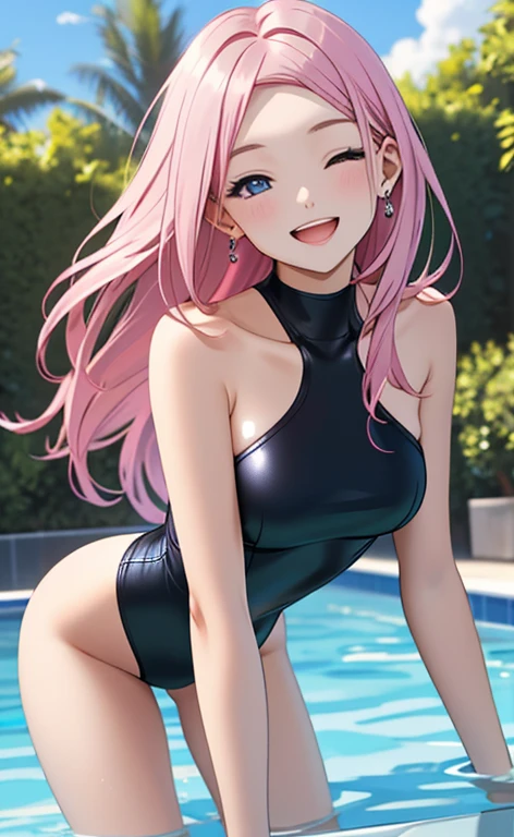 (masterpiece:1.4、top-quality、illustration:1.4,realistic、)、(character focus、breast focus,upper body:1.3)、(1girl),(Open mouth happy smile:1.3),(half closed eyes),cute face,blue eyes、()、
,(stand:1.4),(Shining smile),
,(slender),(black strapless swimsuit:1.3),(pink long hair:1.6,forehead:1.3), (small breasts:1.3)、
、slender、pool,、