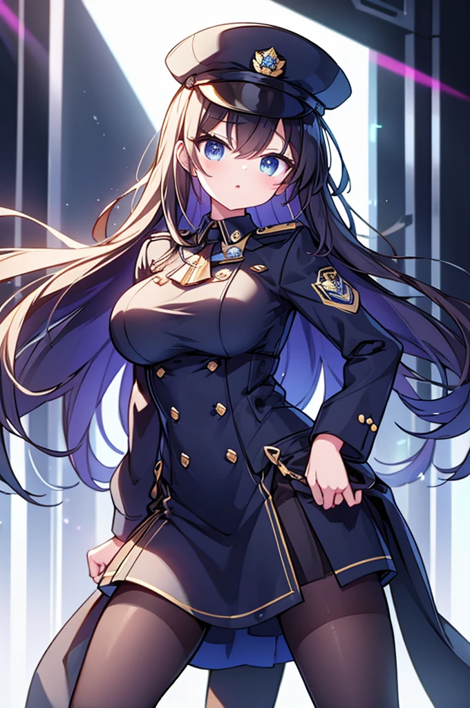 (masterpiece, best quality:1.4),lighting, police, pantyhose, (boobs big 1.2) ,high heels,police woman, leather police uniform, police hat, pissed off, mini skirt